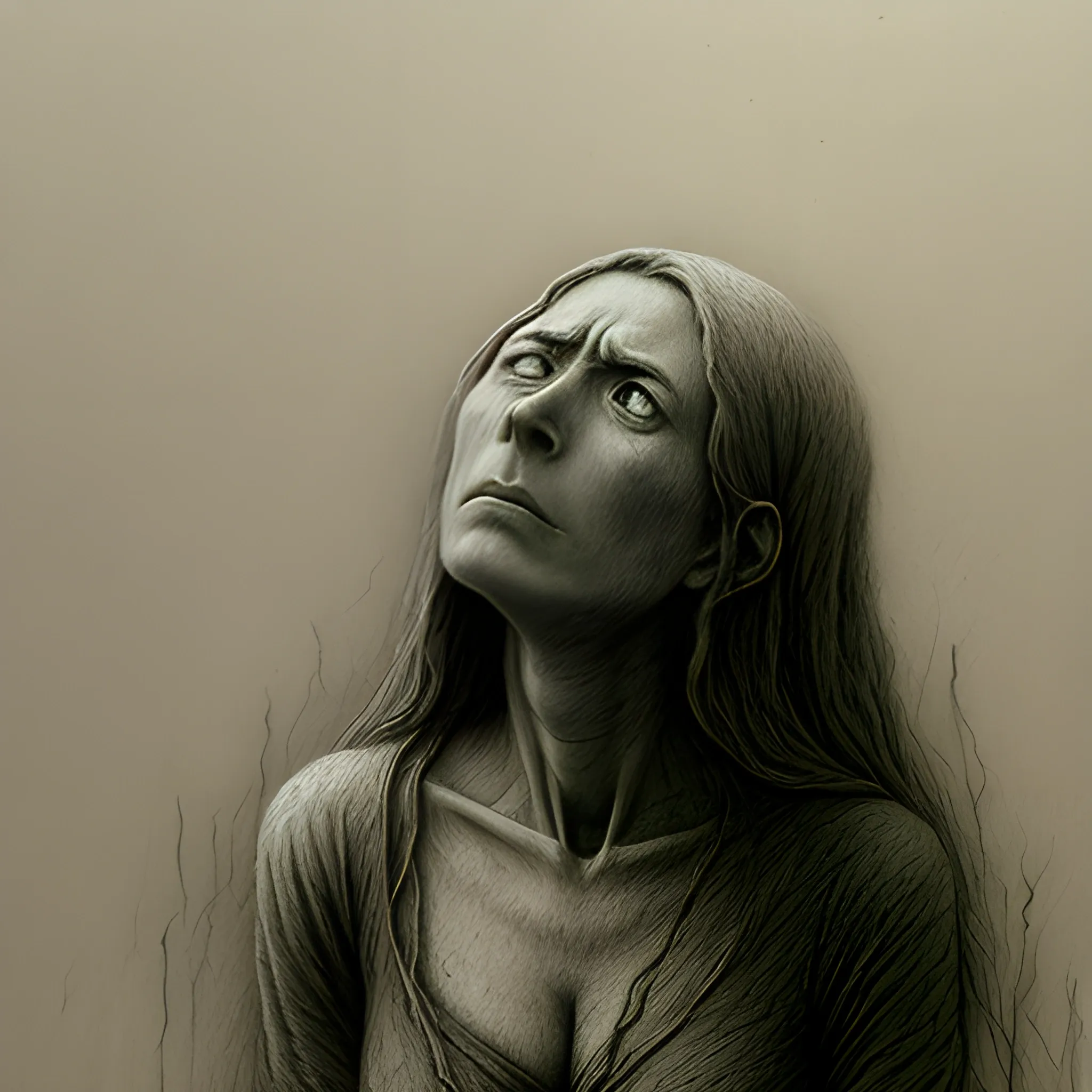  woman in despair Beksiński style pencil sketch