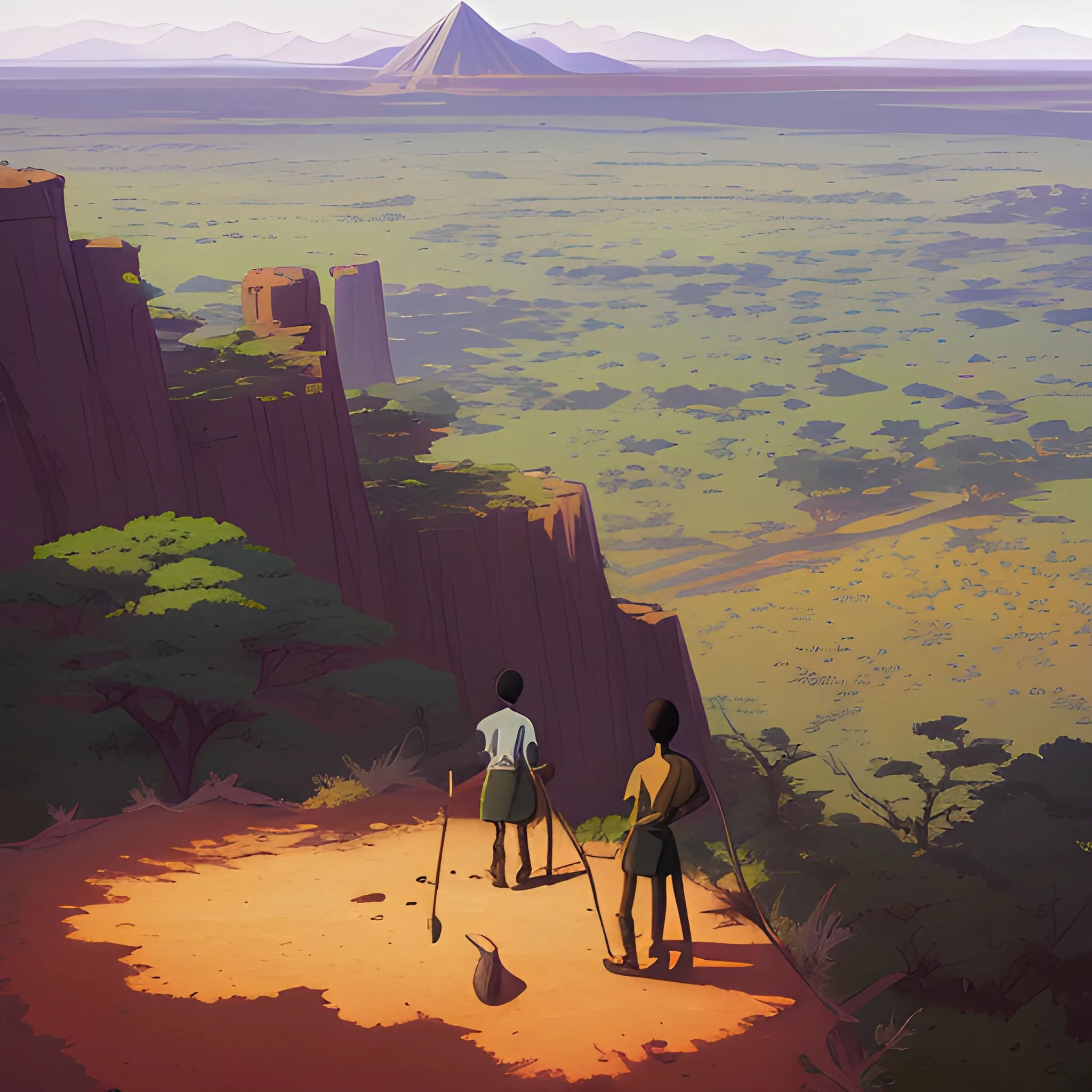 top view, african landscape, mountain with brush... in the style of makoto shinkai and greg rutkowski and albert bierstadt and james gurney, Cartoon