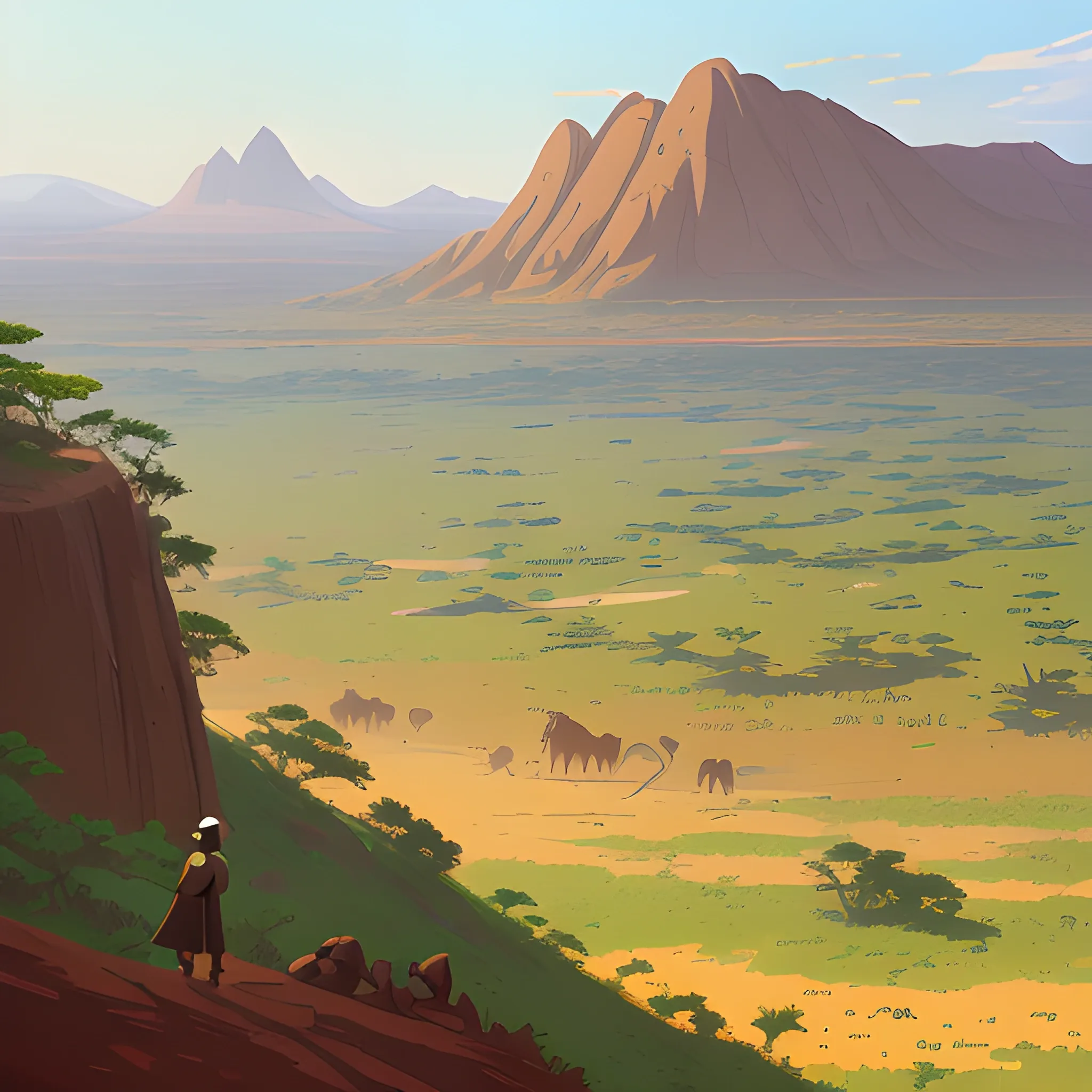 top view, african landscape, mountain with brush... in the style of makoto shinkai and greg rutkowski and albert bierstadt and james gurney, Cartoon