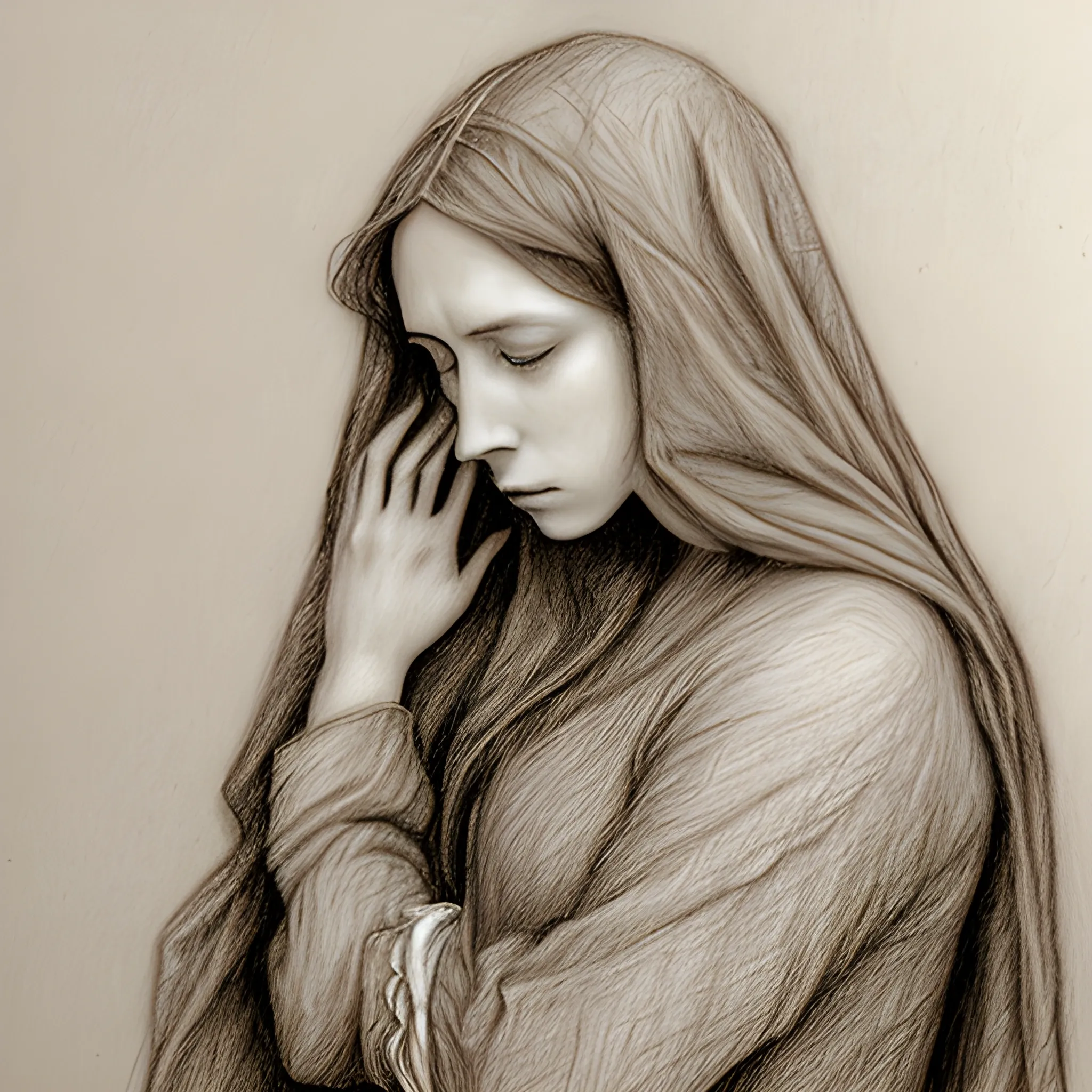  woman in despair hiding her face in her hands preraphaelites style pencil sketch