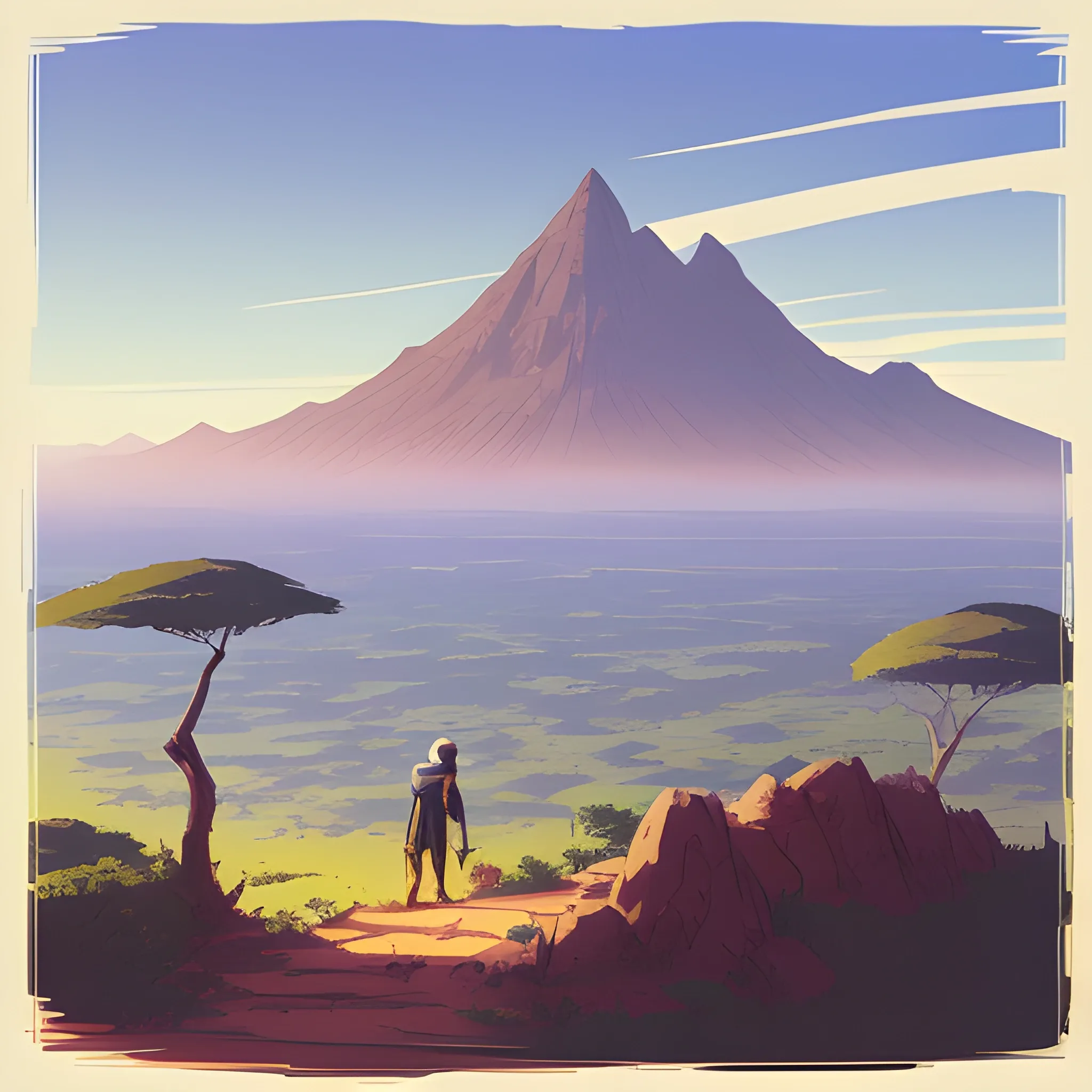 top view, african landscape, mountain with brush... in the style of makoto shinkai and greg rutkowski and albert bierstadt and james gurney, Cartoon