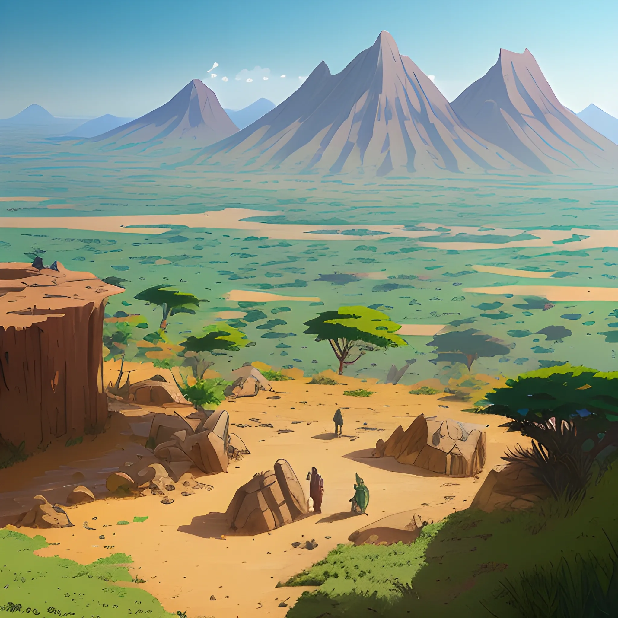 top view, african landscape, mountain with brush... in the style of makoto shinkai and greg rutkowski and albert bierstadt and james gurney, Cartoon