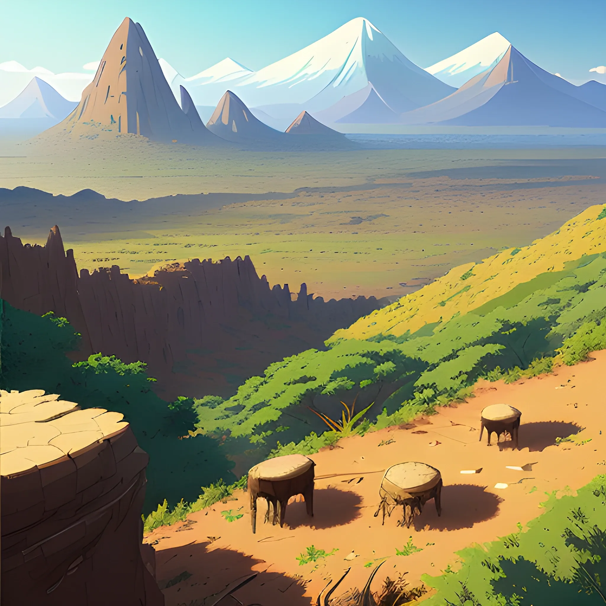 top view, african landscape, mountain with brush... in the style of makoto shinkai and greg rutkowski and albert bierstadt and james gurney, Cartoon