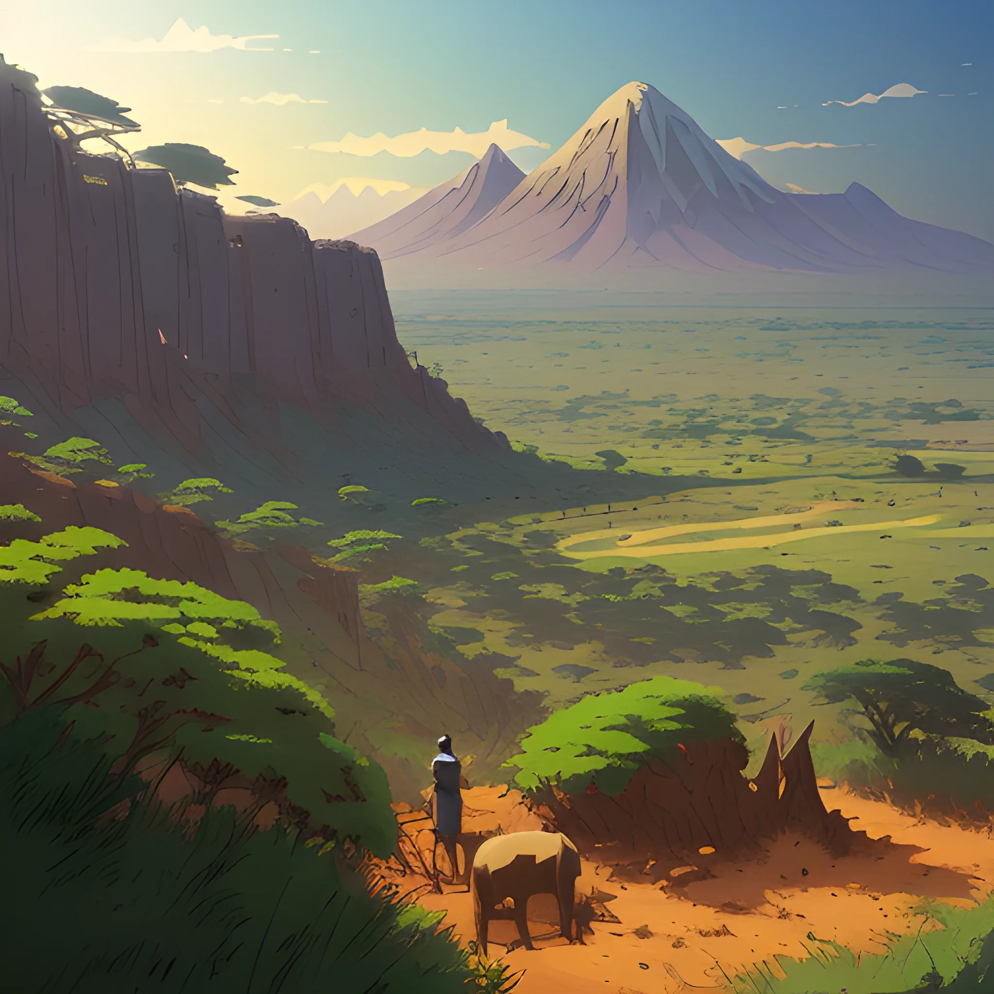 top view, african landscape, mountain with brush... in the style of makoto shinkai and greg rutkowski and albert bierstadt and james gurney, Cartoon