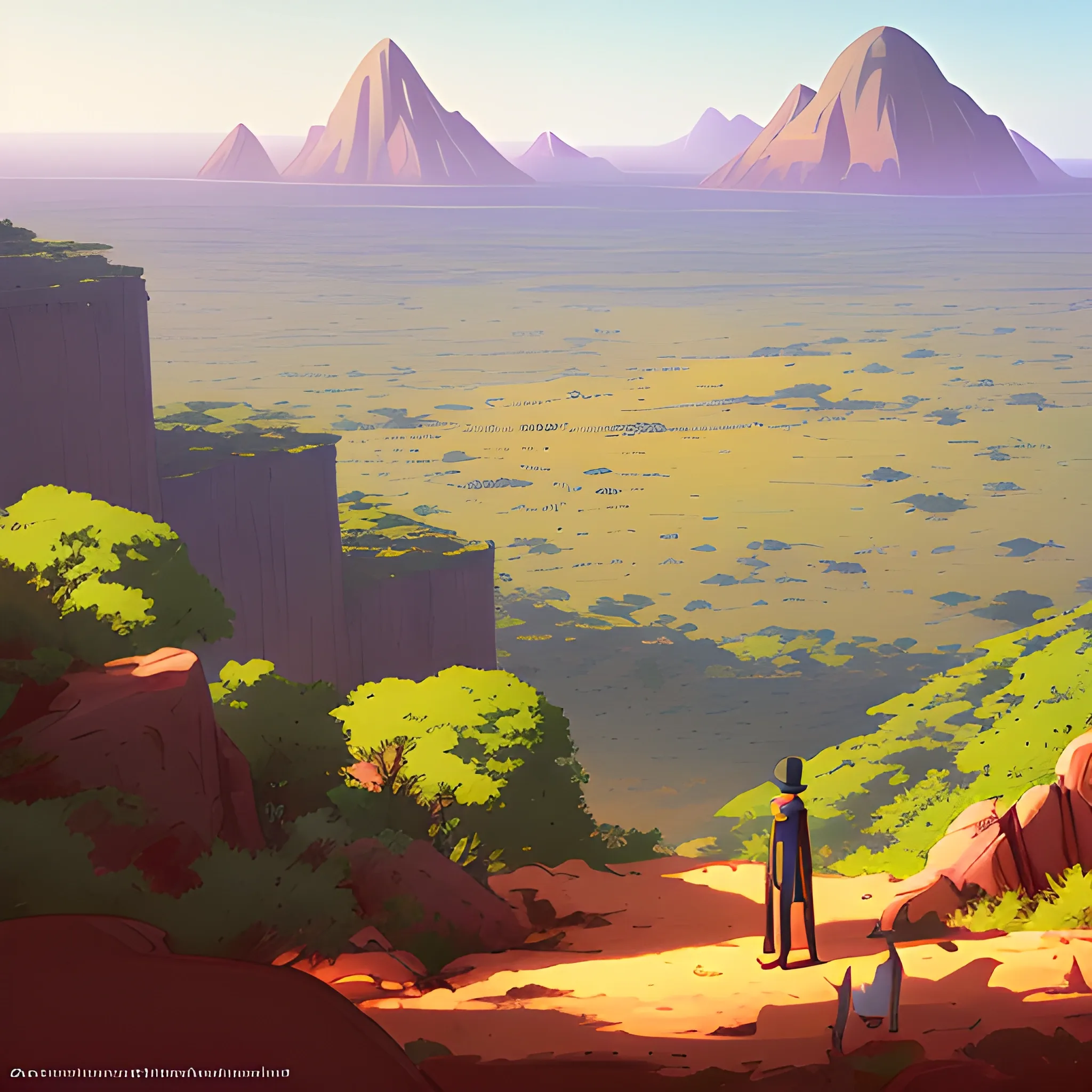 top view, african landscape, mountain with brush... in the style of makoto shinkai and greg rutkowski and albert bierstadt and james gurney, Cartoon