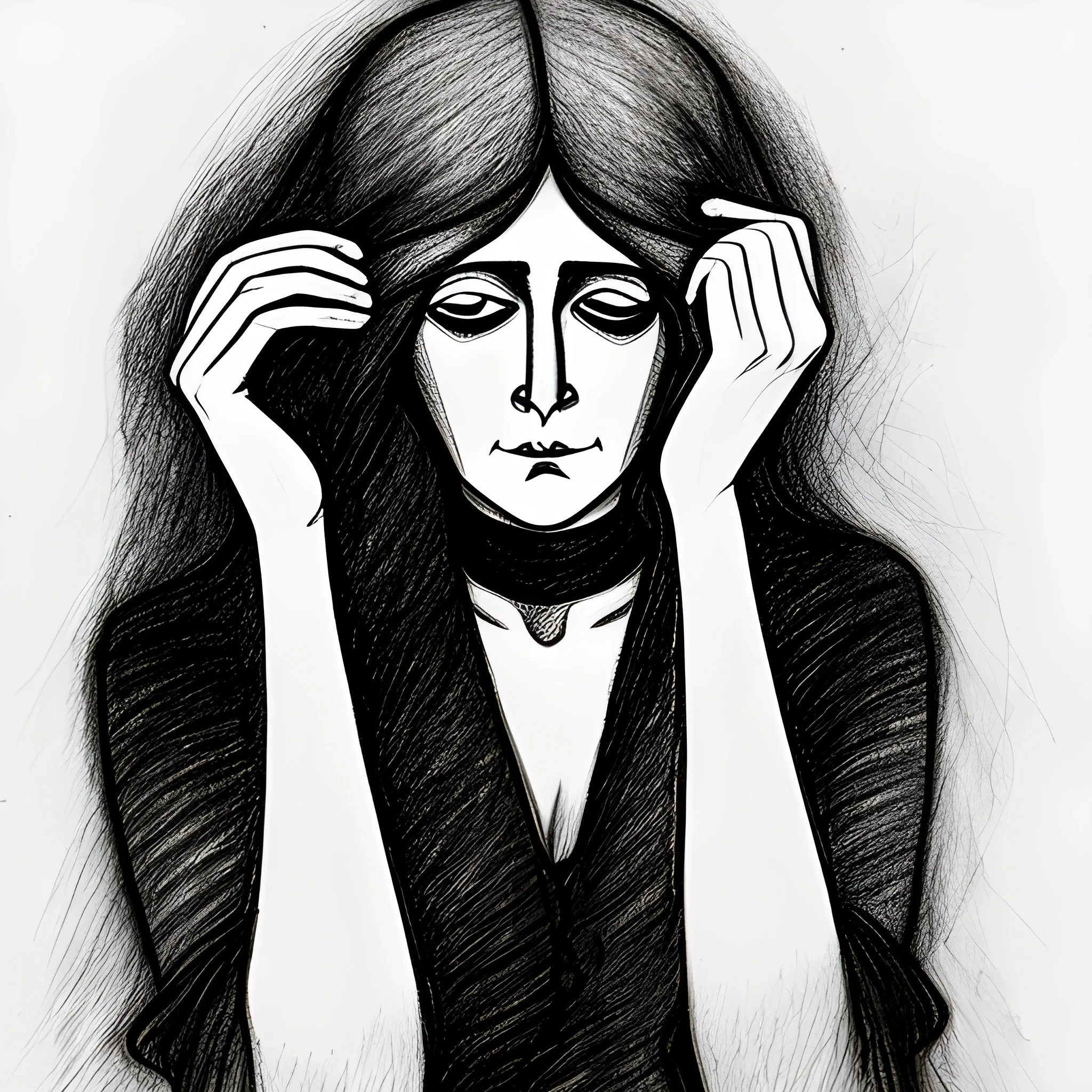  woman in despair hiding her face in her hands aubrey beardsley style pencil sketch