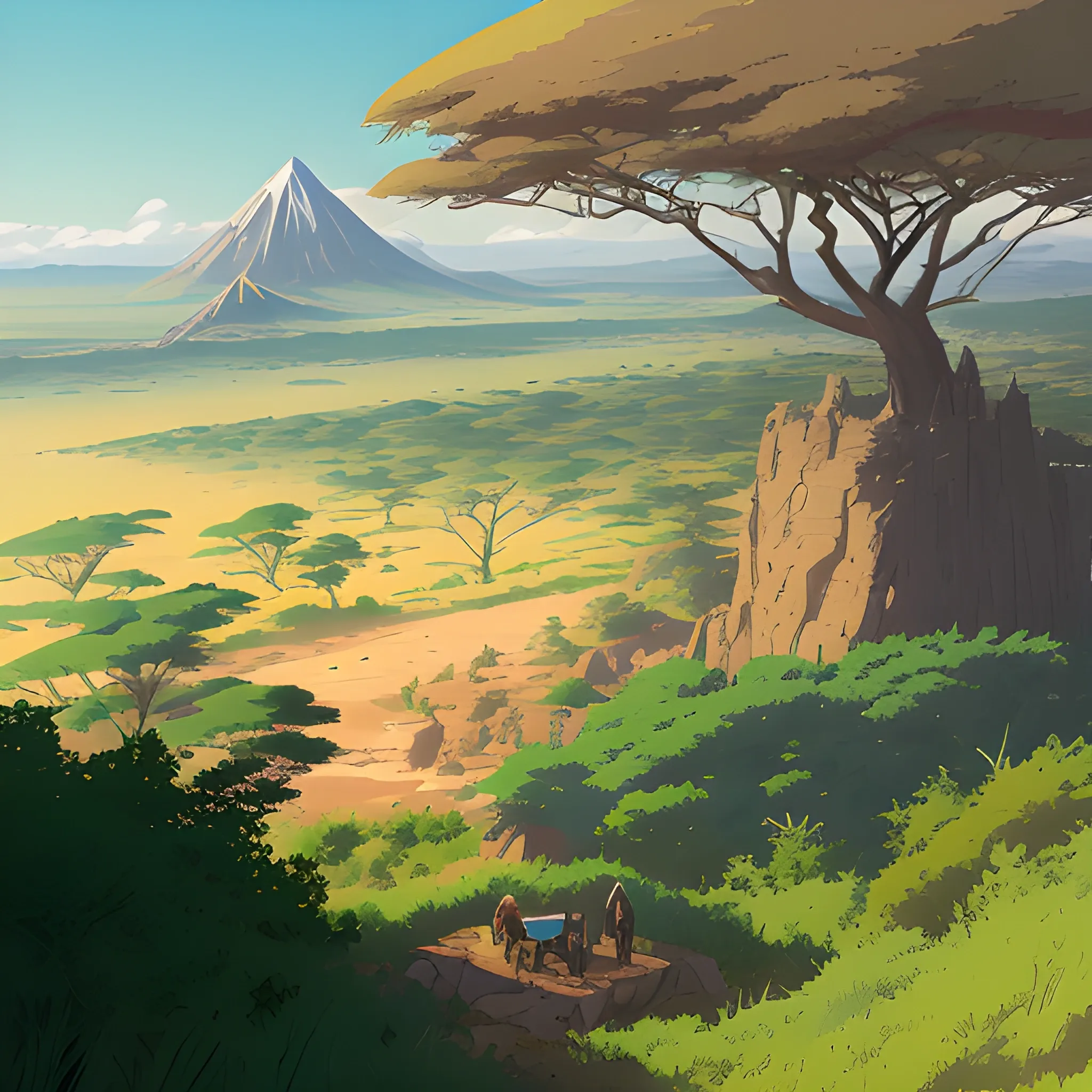 top view, african landscape, mountain with brush... in the style of makoto shinkai and greg rutkowski and albert bierstadt and james gurney, Cartoon