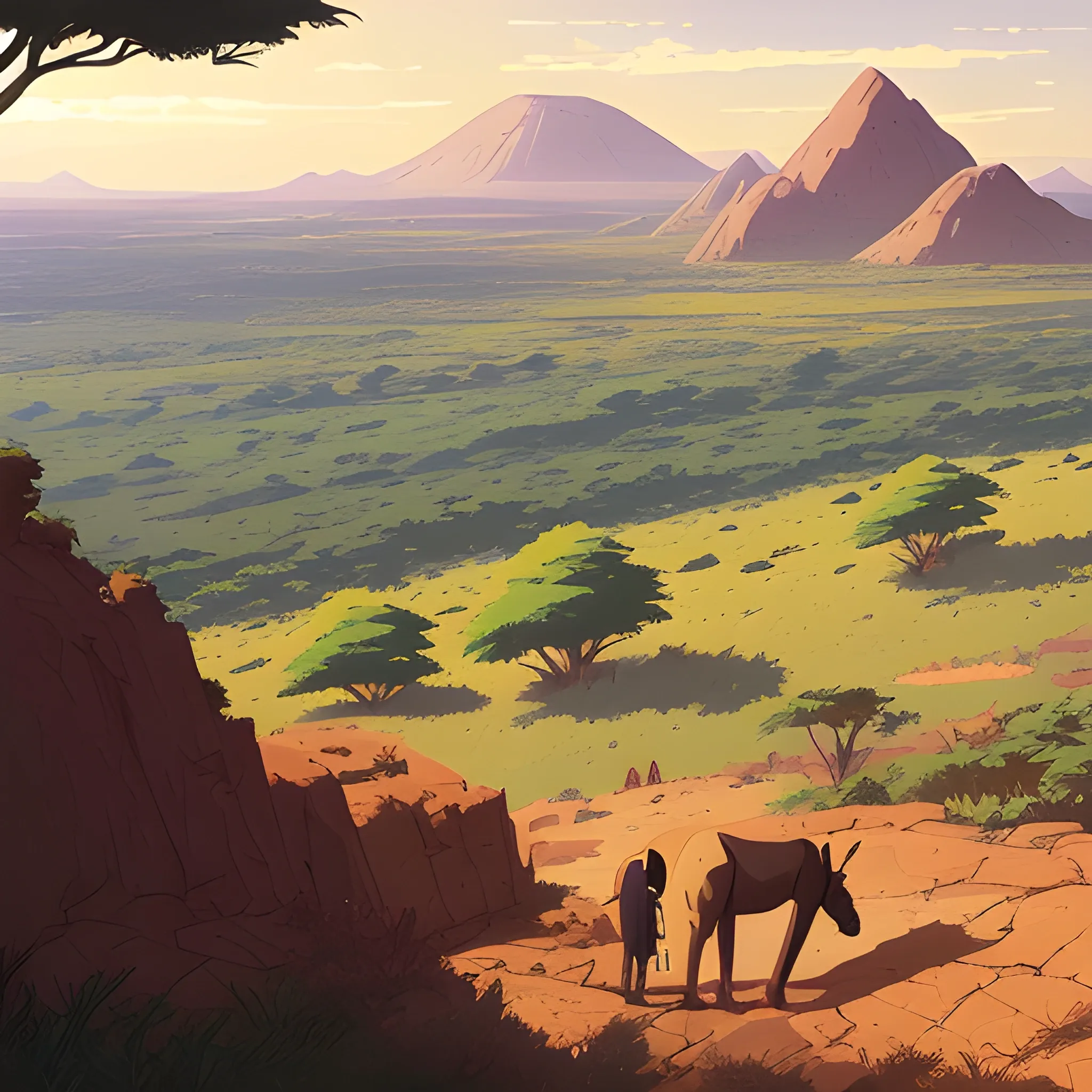 top view, african landscape, mountain with brush... in the style of makoto shinkai and greg rutkowski and albert bierstadt and james gurney, Cartoon