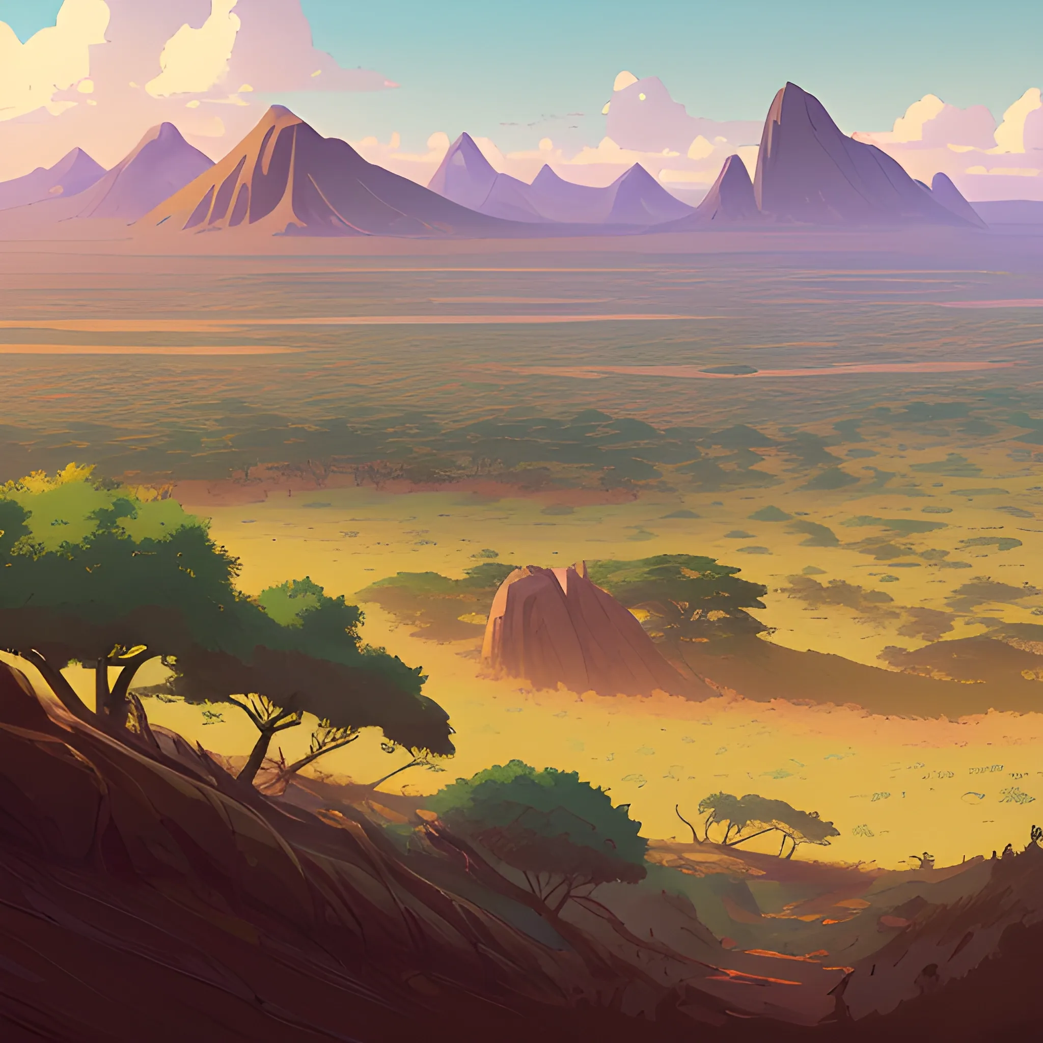 top view, african landscape, mountain with brush... in the style of makoto shinkai and greg rutkowski and albert bierstadt and james gurney, Cartoon