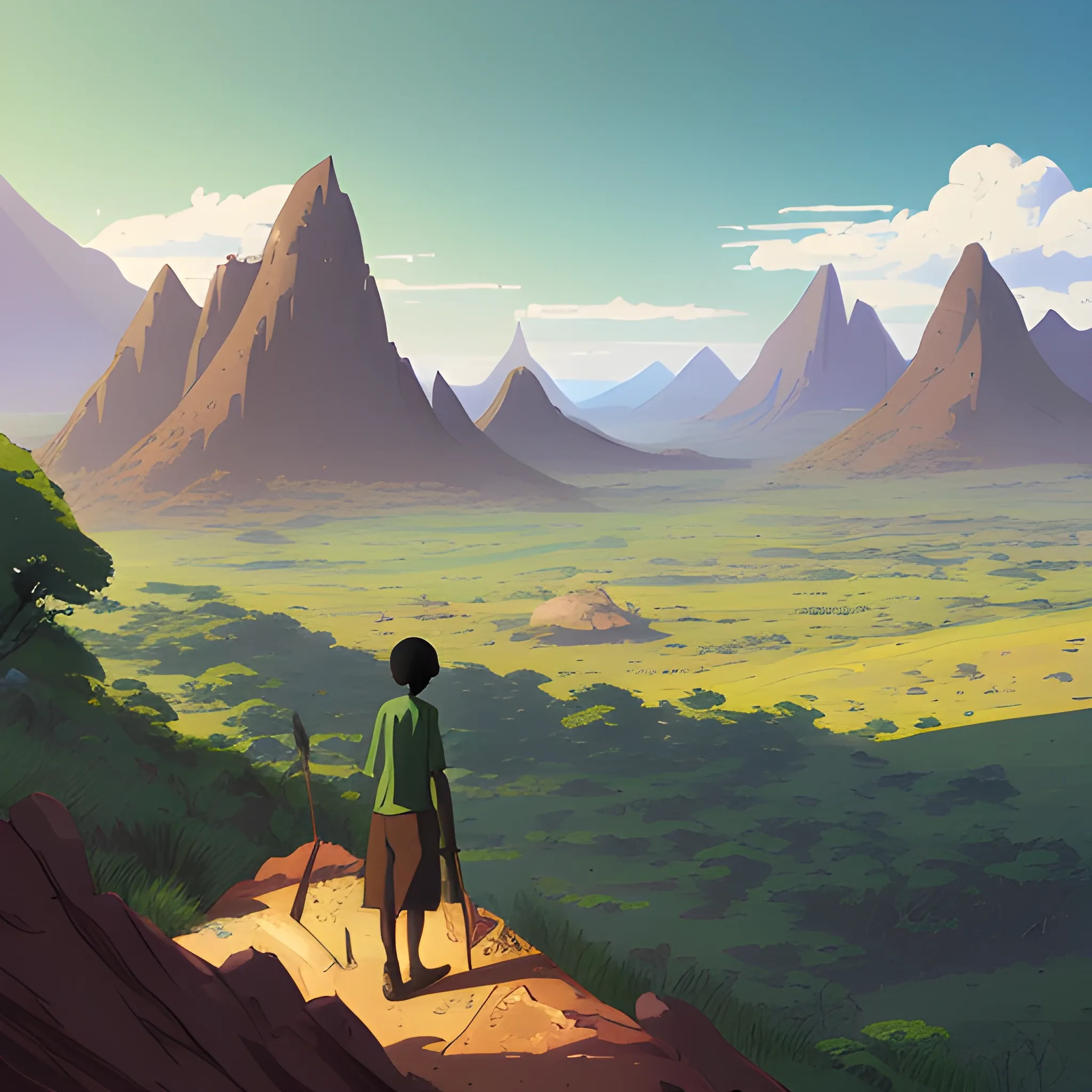 top view, african landscape, mountain with brush... in the style of makoto shinkai and greg rutkowski and albert bierstadt and james gurney, Cartoon