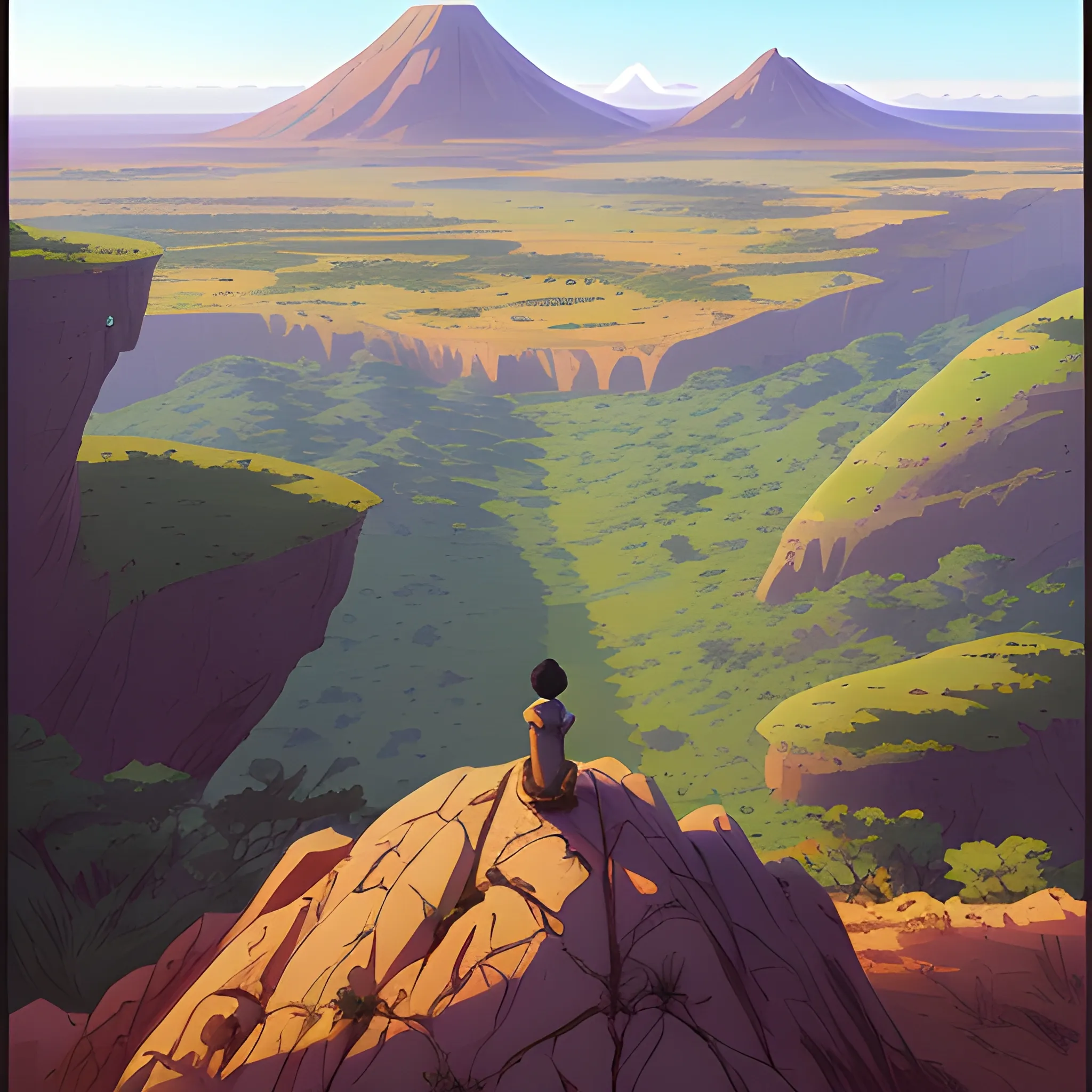 top view, african landscape, mountain with brush... in the style of makoto shinkai and greg rutkowski and albert bierstadt and james gurney, Cartoon