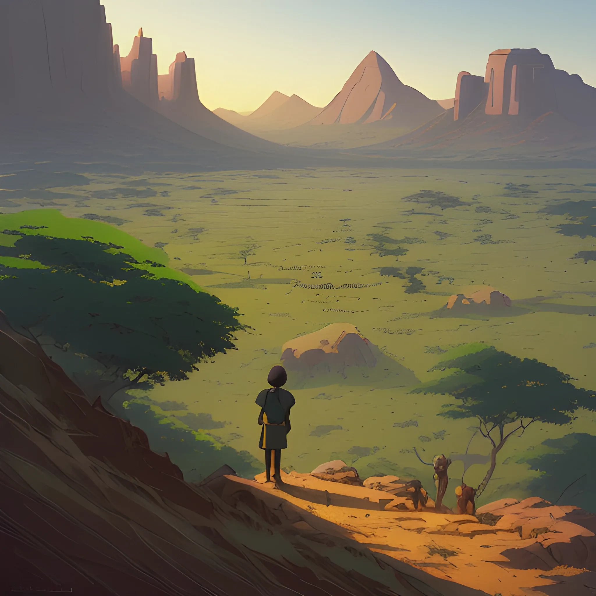 top view, african landscape, mountain with brush... in the style of makoto shinkai and greg rutkowski and albert bierstadt and james gurney, Cartoon