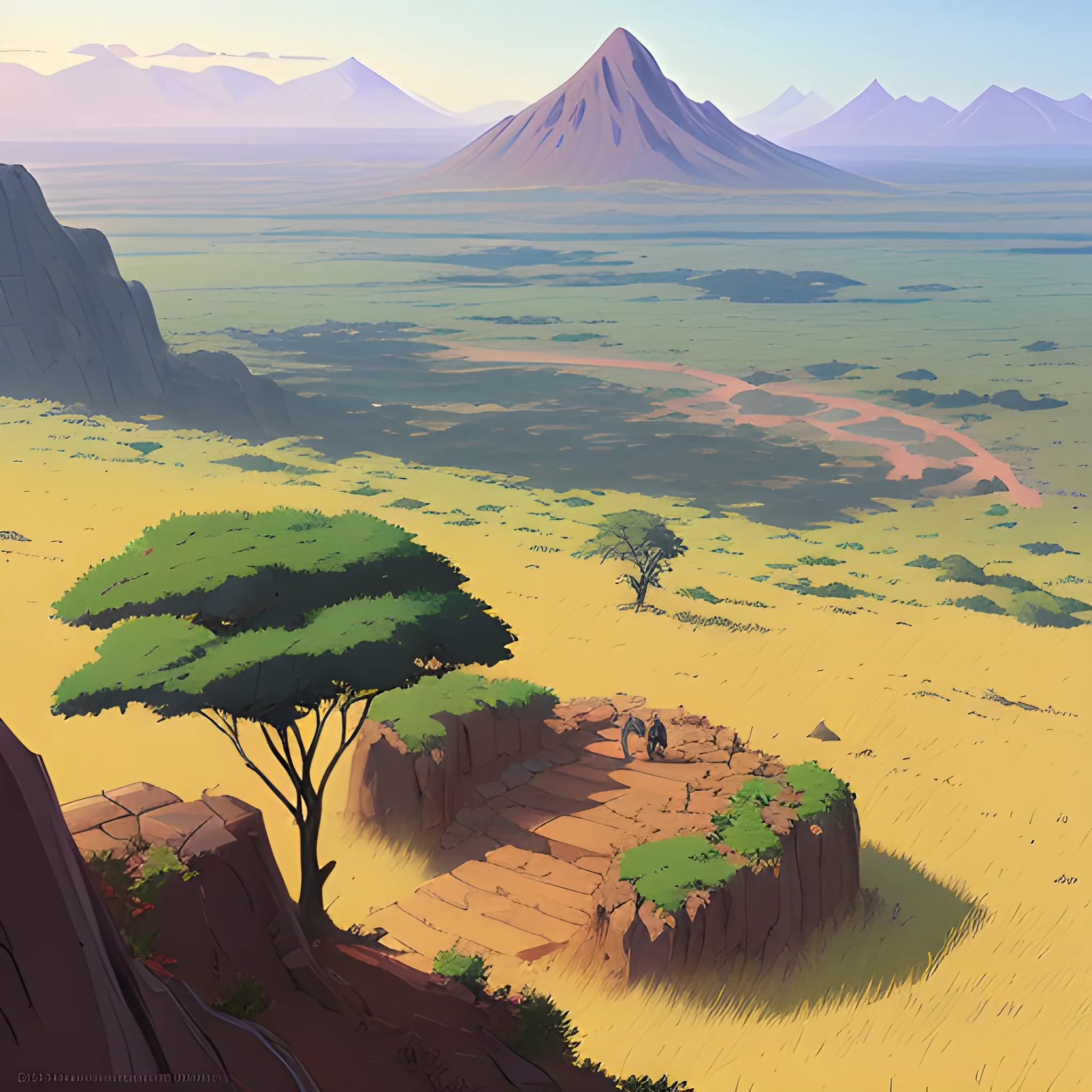 top view, african landscape, mountain with brush... in the style of makoto shinkai and greg rutkowski and albert bierstadt and james gurney, Cartoon