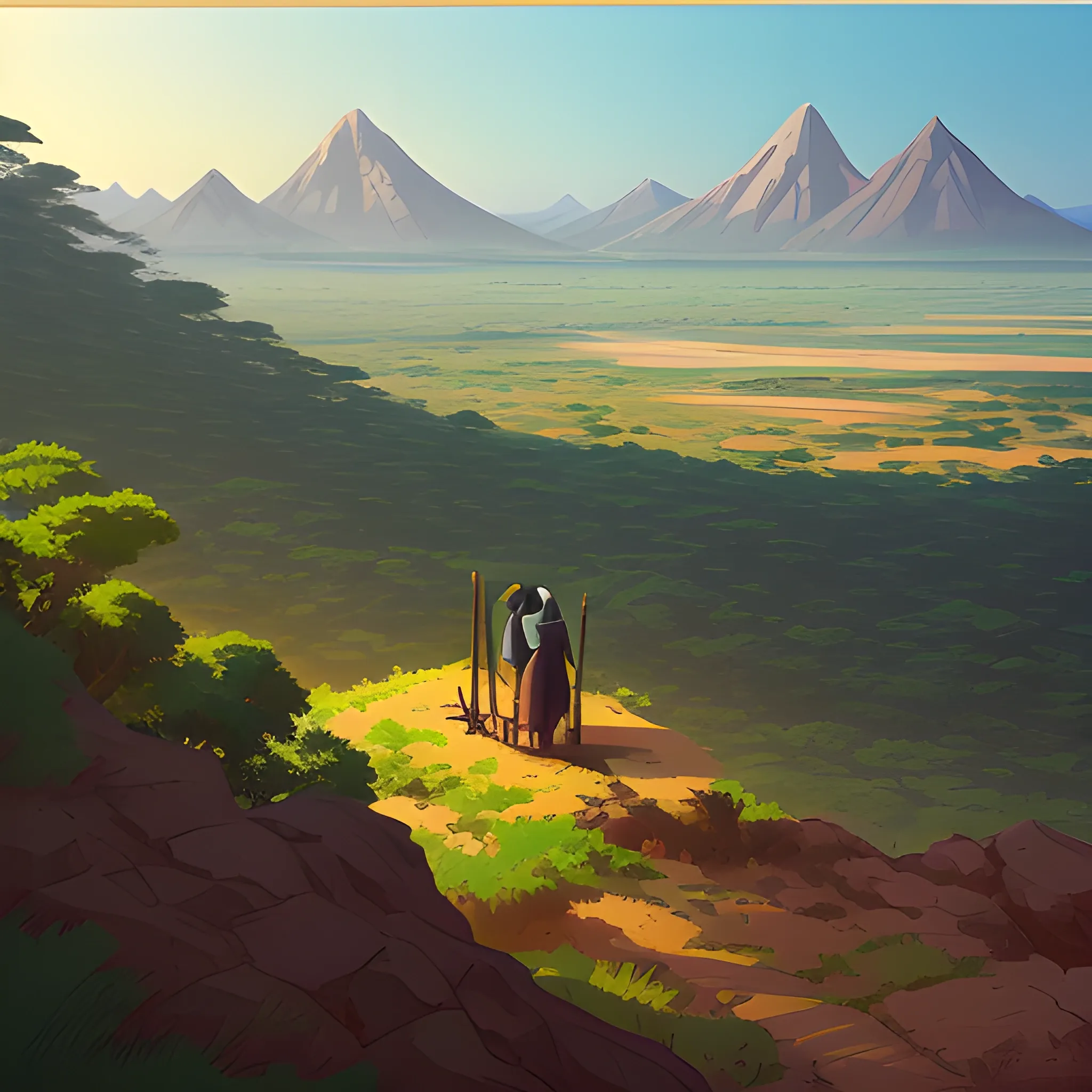 top view, african landscape, mountain with brush... in the style of makoto shinkai and greg rutkowski and albert bierstadt and james gurney, Cartoon