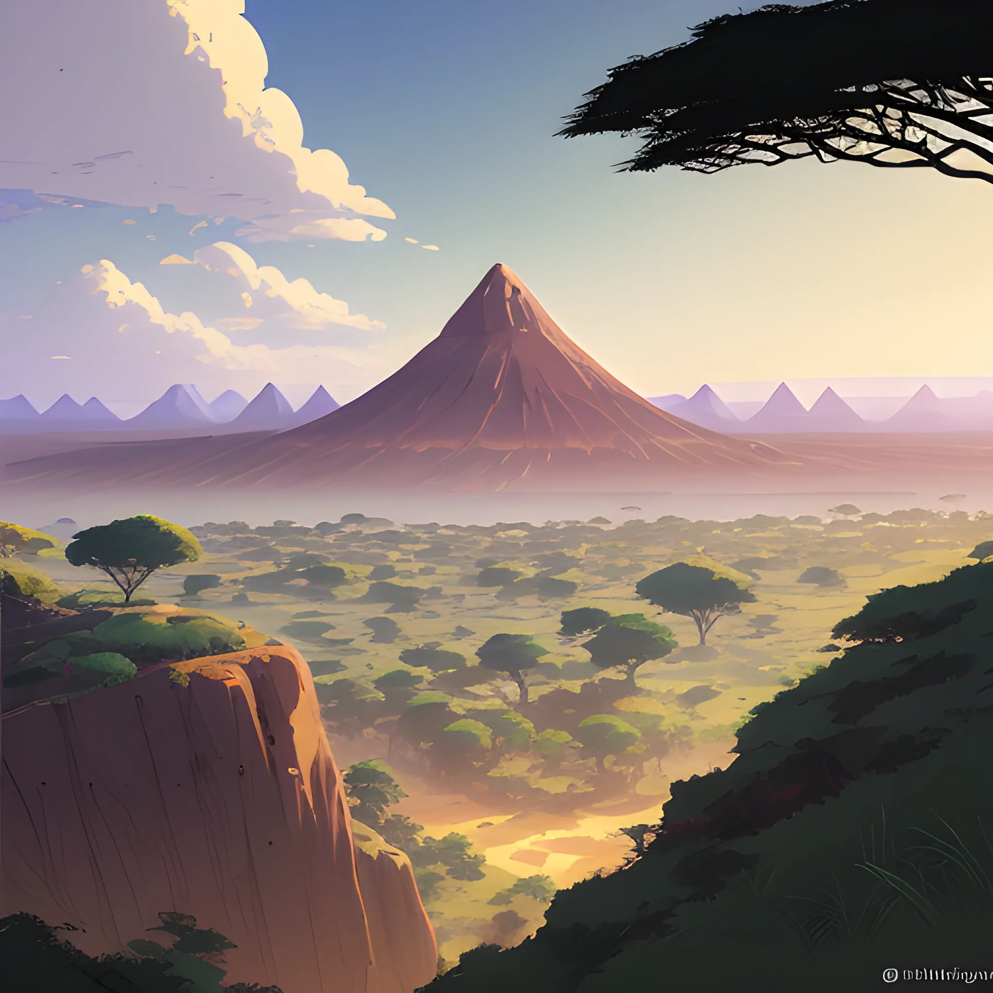 top view, african landscape, mountain with brush... in the style of makoto shinkai and greg rutkowski and albert bierstadt and james gurney, Cartoon