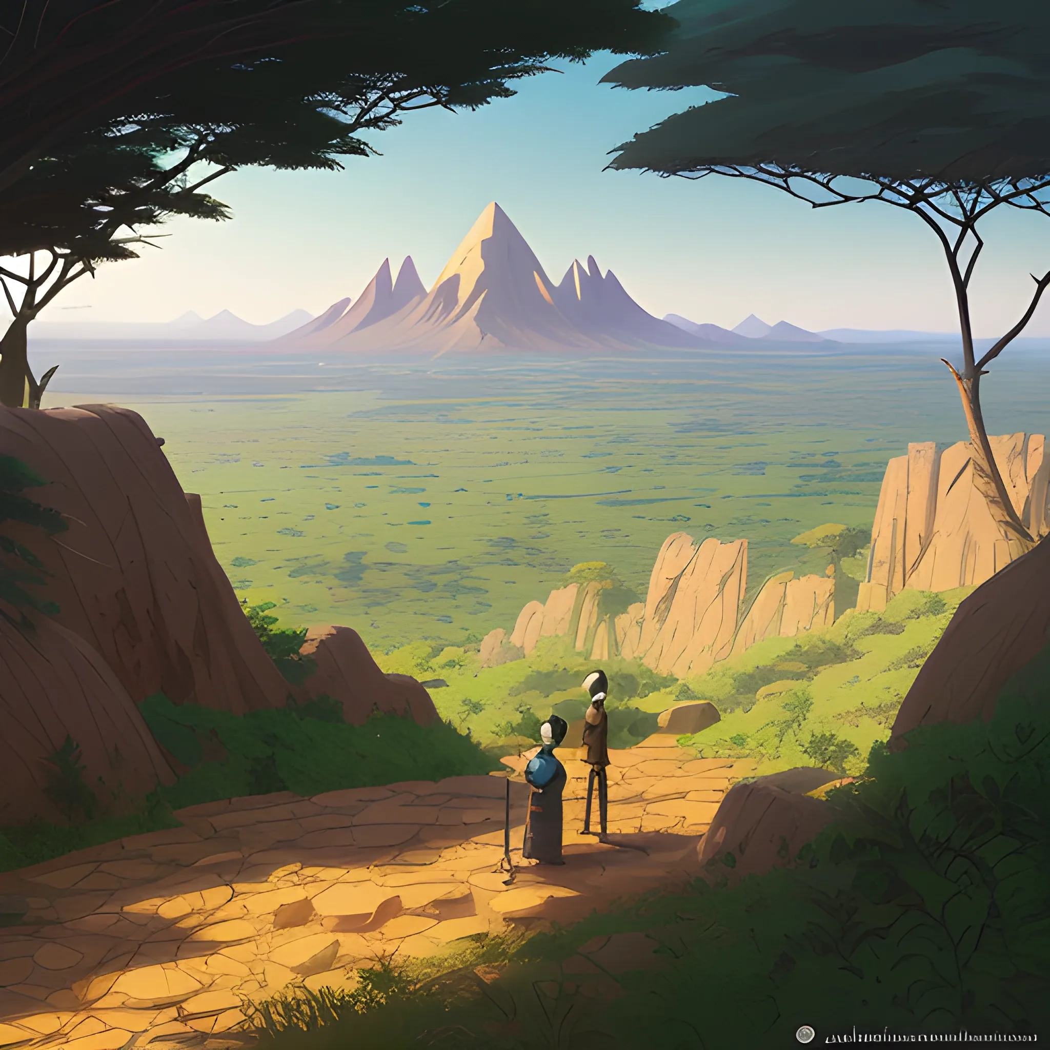 top view, african landscape, mountain with brush... in the style of makoto shinkai and greg rutkowski and albert bierstadt and james gurney, Cartoon