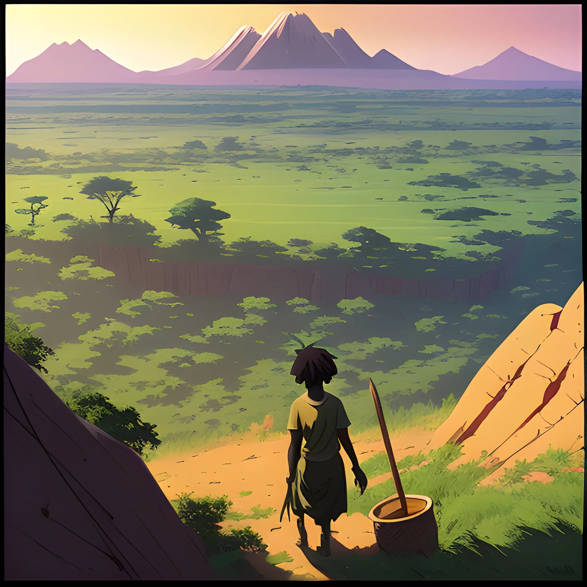 top view, african landscape, mountain with brush... in the style of makoto shinkai and greg rutkowski and albert bierstadt and james gurney, Cartoon