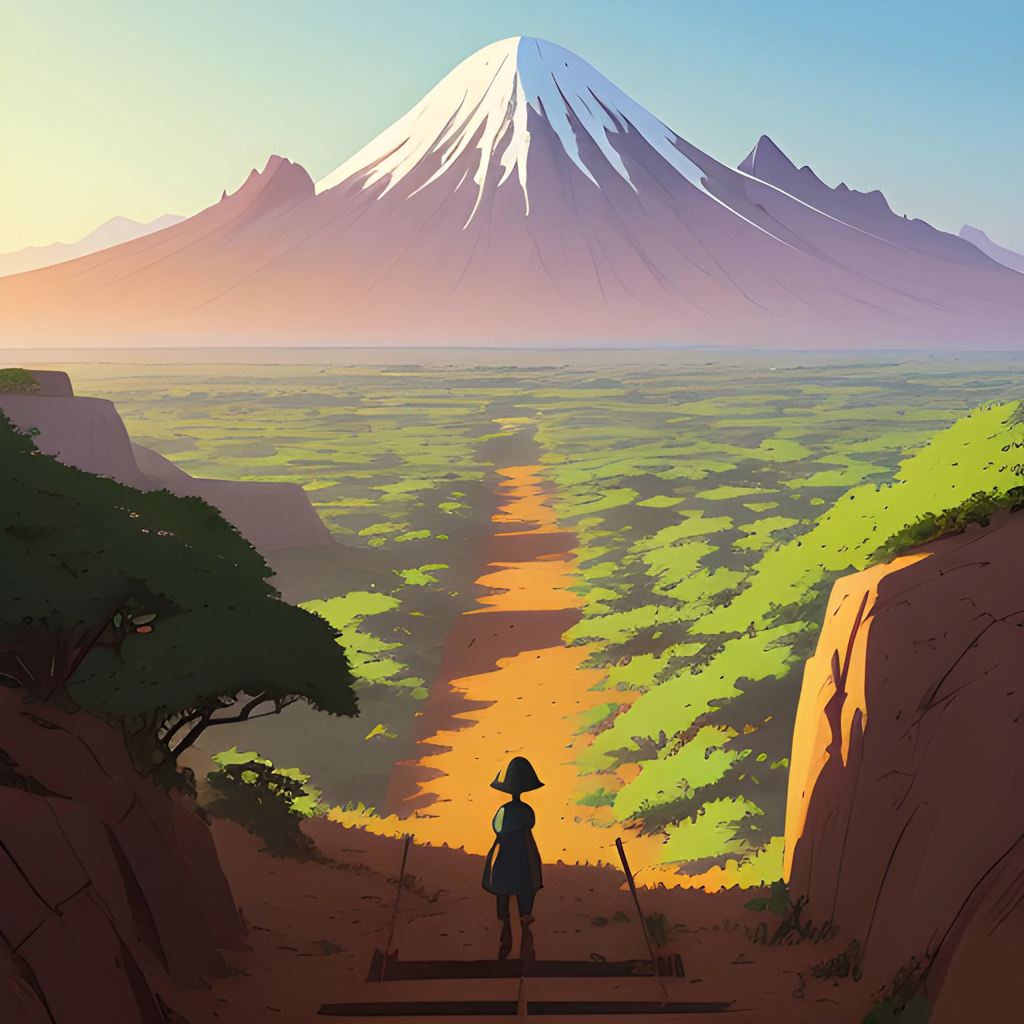 top view, african landscape, mountain with brush... in the style of makoto shinkai and greg rutkowski and albert bierstadt and james gurney, Cartoon