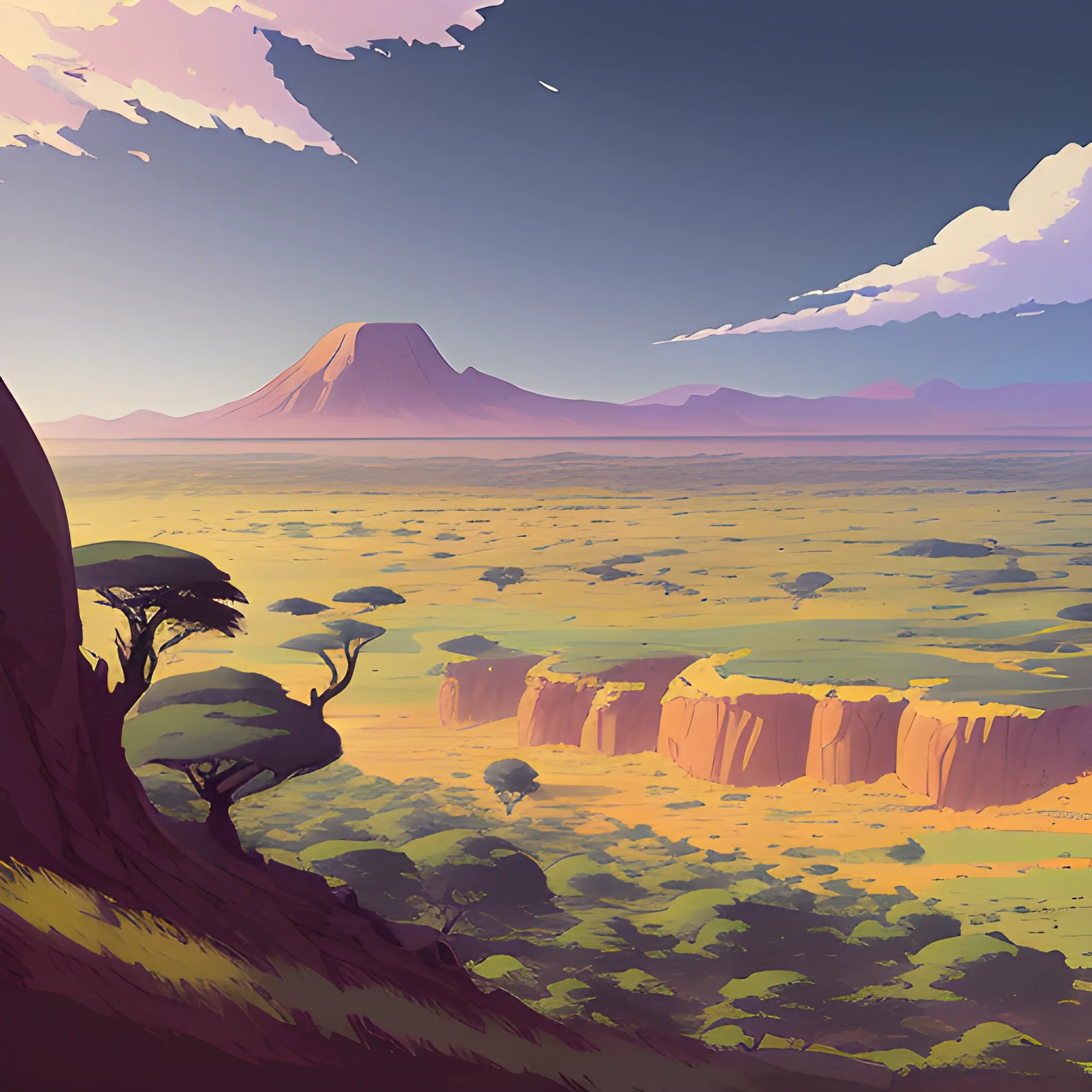 top view, african landscape, mountain with brush... in the style of makoto shinkai and greg rutkowski and albert bierstadt and james gurney, Cartoon