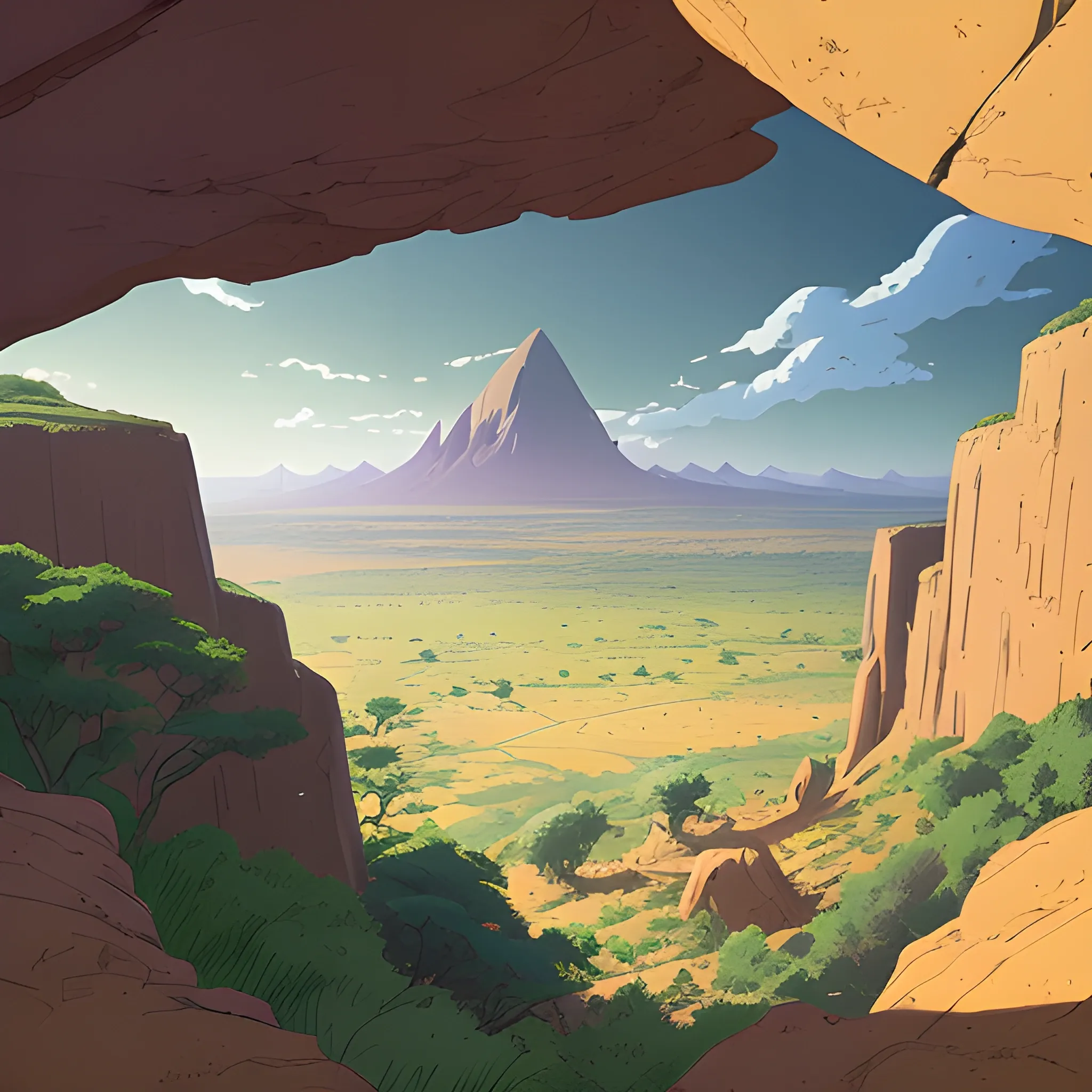 top view, african landscape, mountain with brush... in the style of makoto shinkai and greg rutkowski and albert bierstadt and james gurney, Cartoon