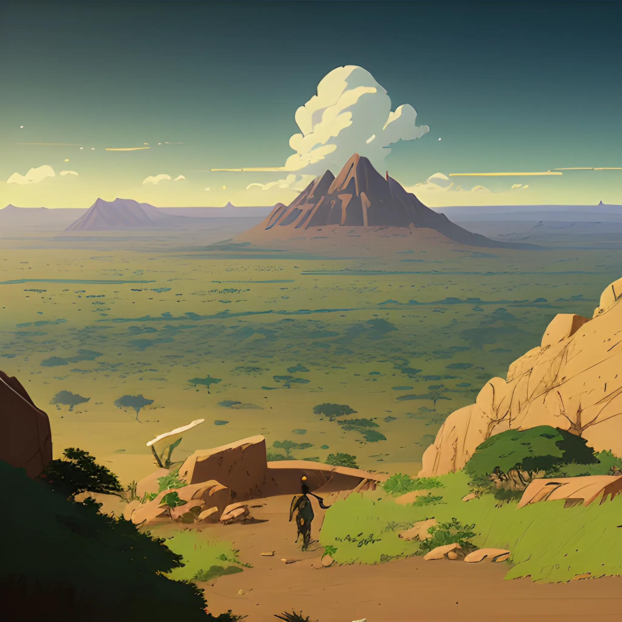 top view, african landscape, mountain with brush... in the style of makoto shinkai and greg rutkowski and albert bierstadt and james gurney, Cartoon