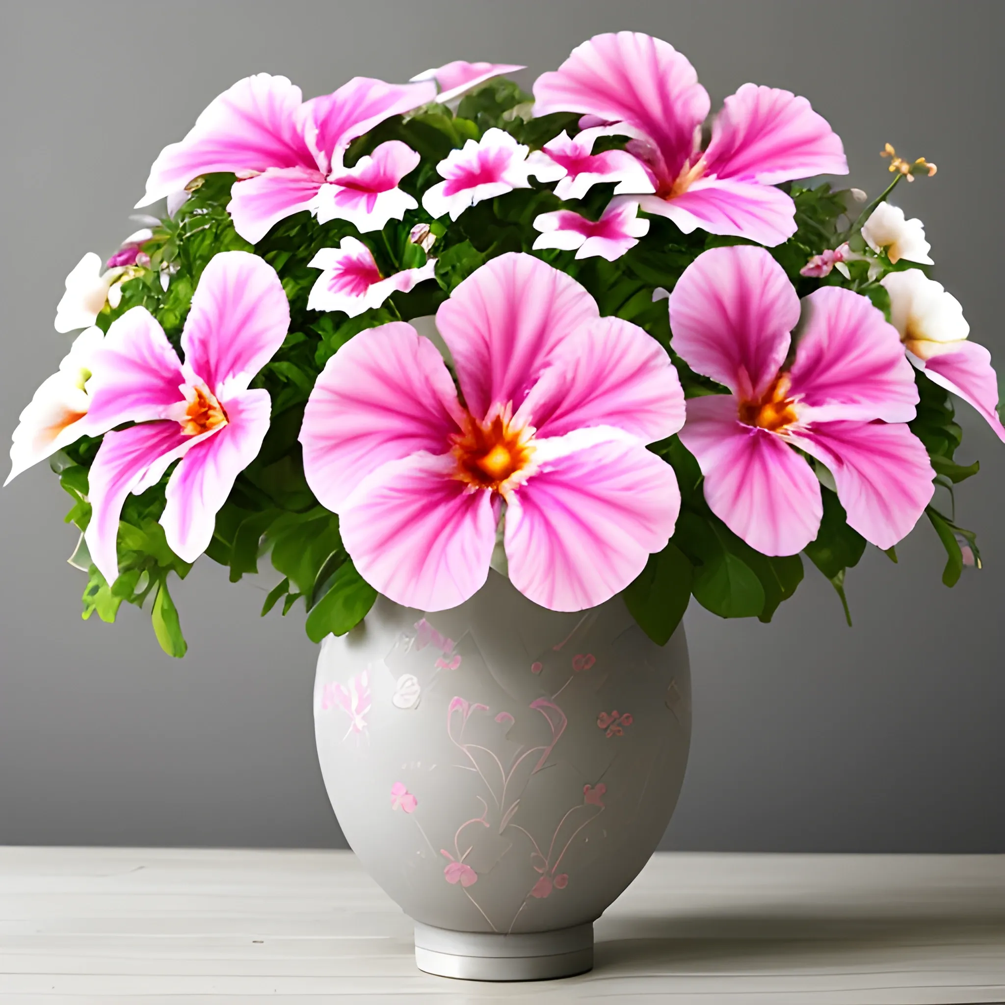 pink and white petunia flowers  in grey vase