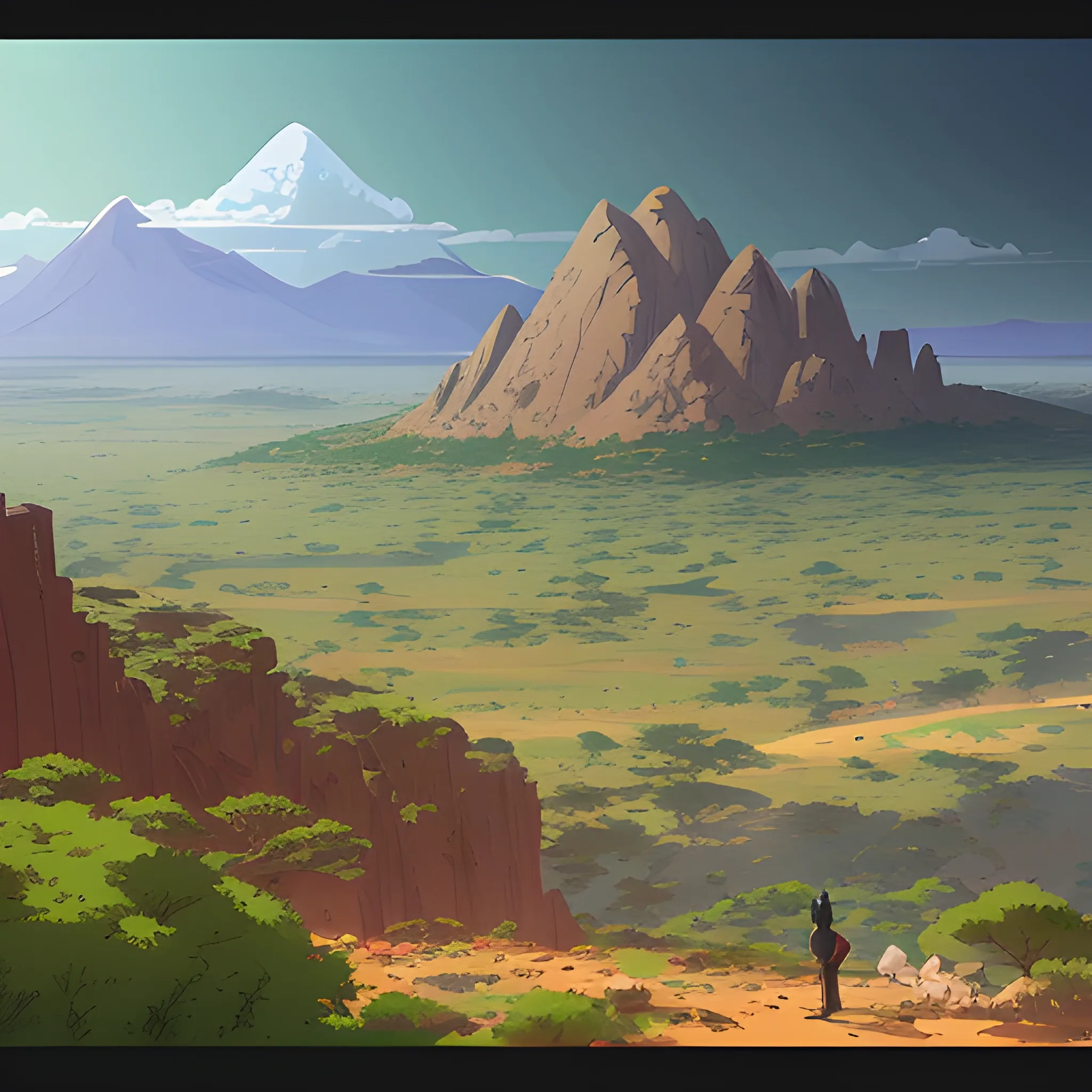 top view, african landscape, mountain with brush... in the style of makoto shinkai and greg rutkowski and albert bierstadt and james gurney, Cartoon