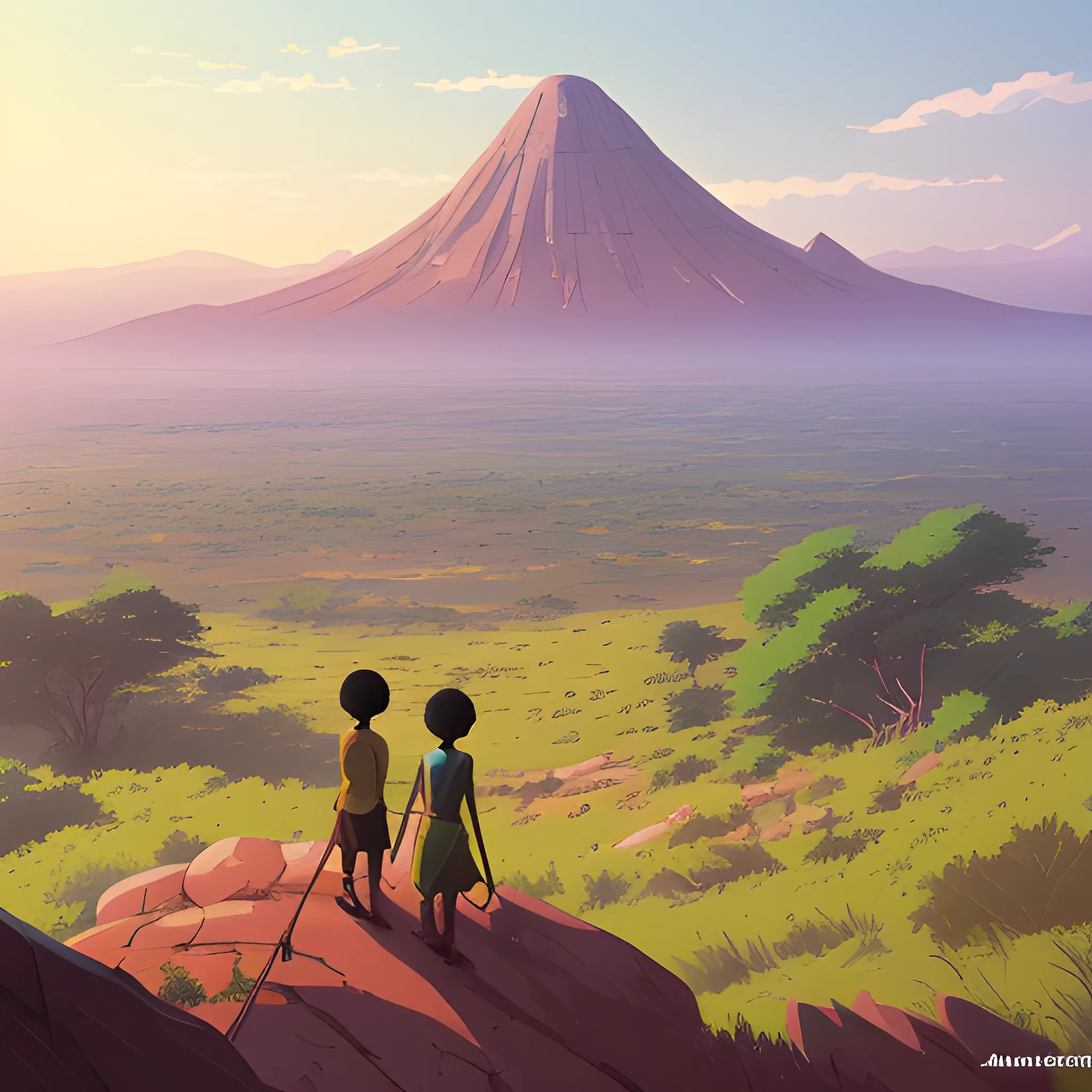 top view, african landscape, mountain with brush... in the style of makoto shinkai and greg rutkowski and albert bierstadt and james gurney, Cartoon