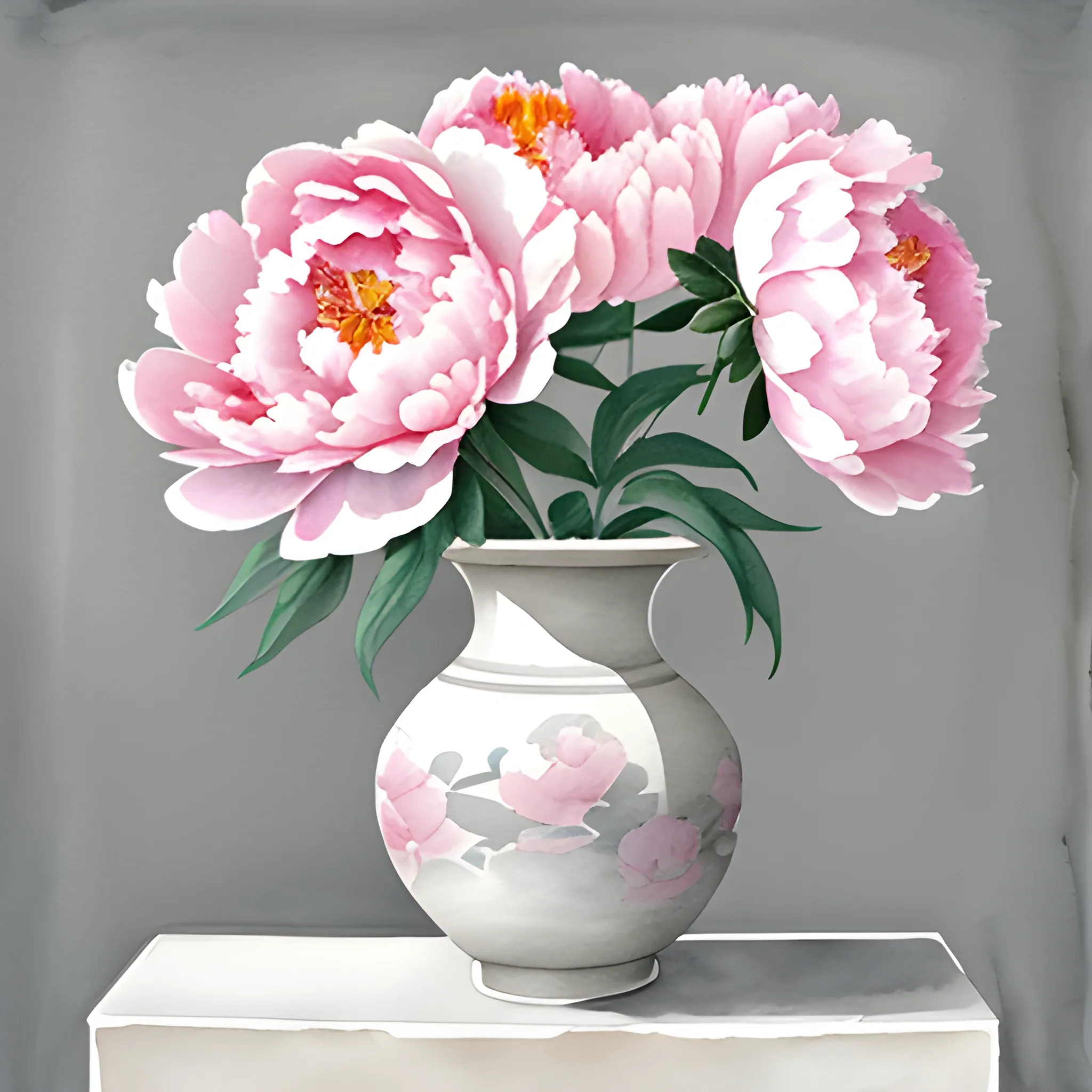 pink and white peony flowers  in grey vase watercolor