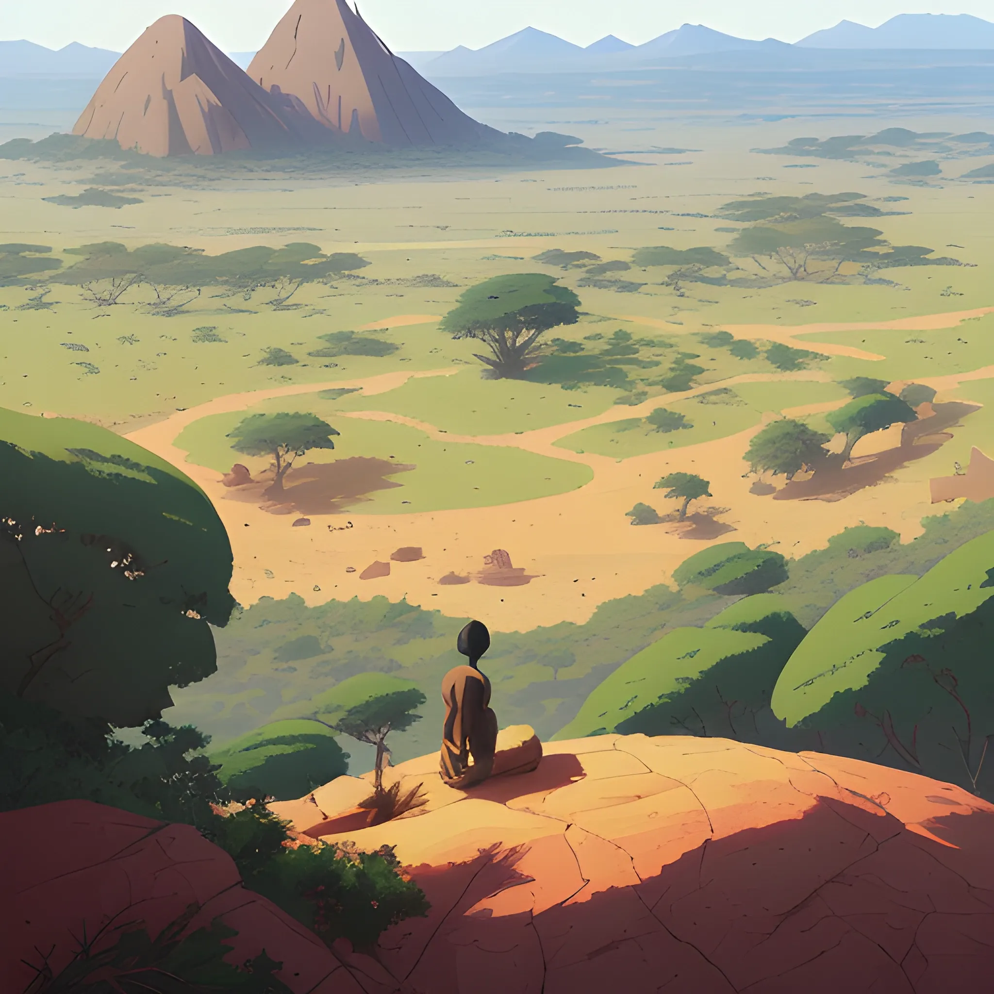 top view, african landscape, mountain with brush... in the style of makoto shinkai and greg rutkowski and albert bierstadt and james gurney, Cartoon