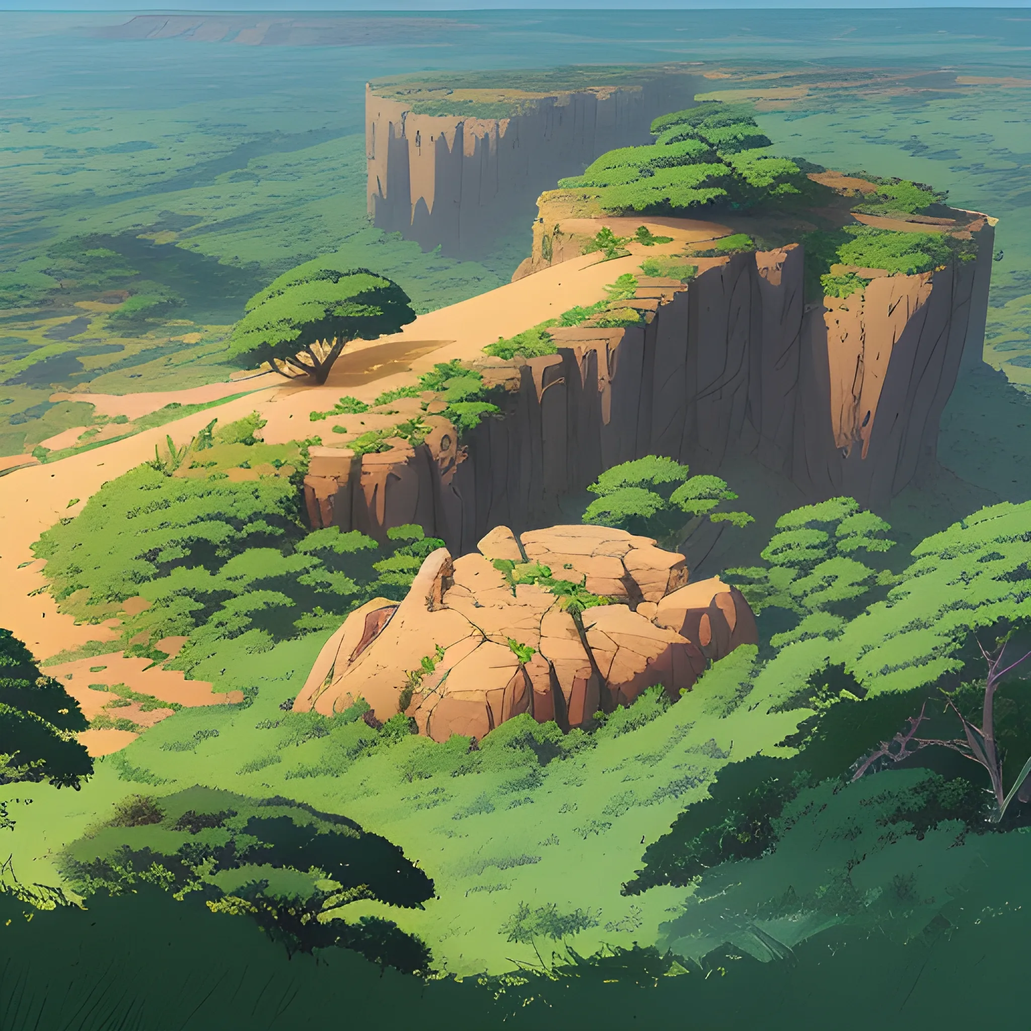 top view, african landscape, mountain with brush... in the style of makoto shinkai and greg rutkowski and albert bierstadt and james gurney, Cartoon