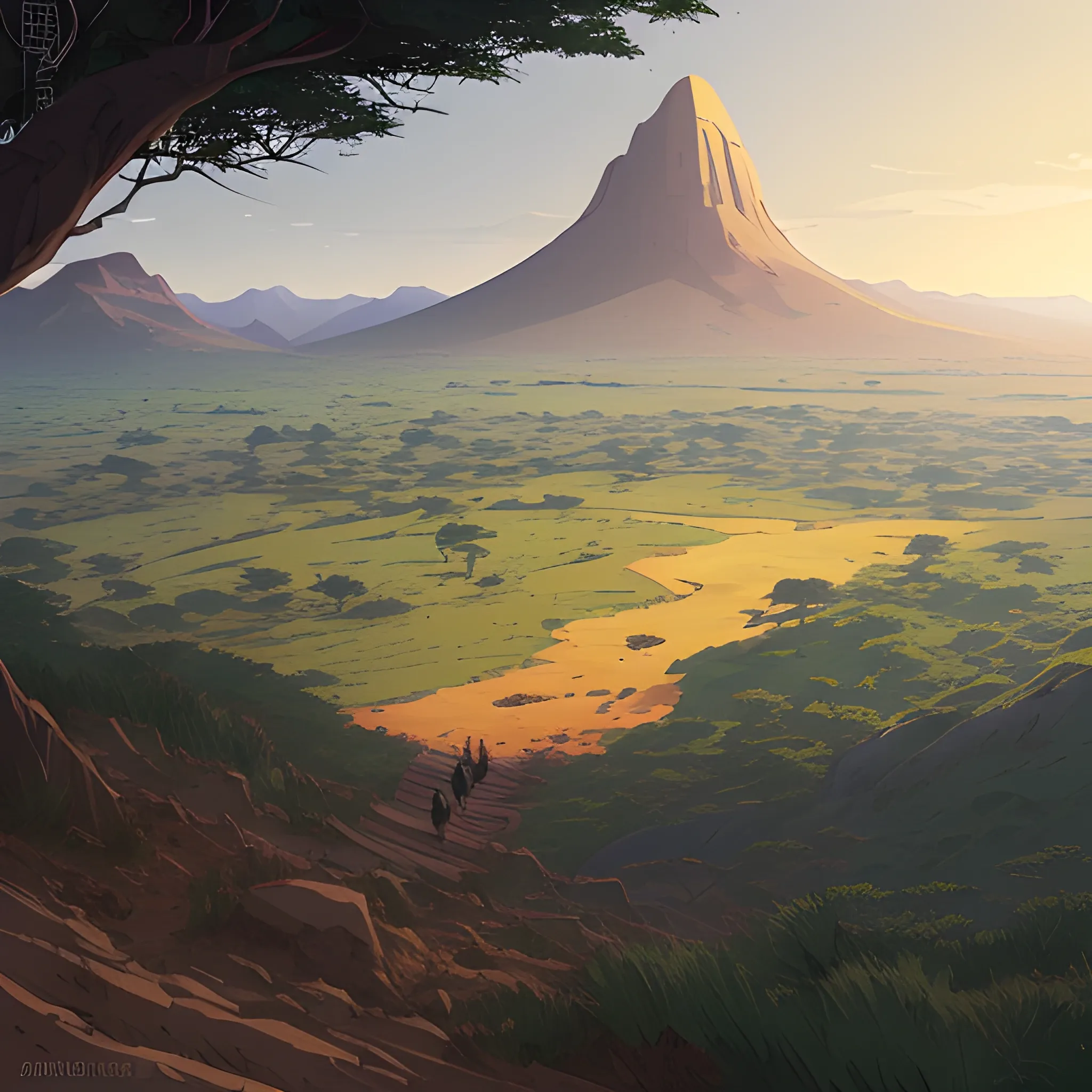 top view, african landscape, mountain with brush... in the style of makoto shinkai and greg rutkowski and albert bierstadt and james gurney, Cartoon