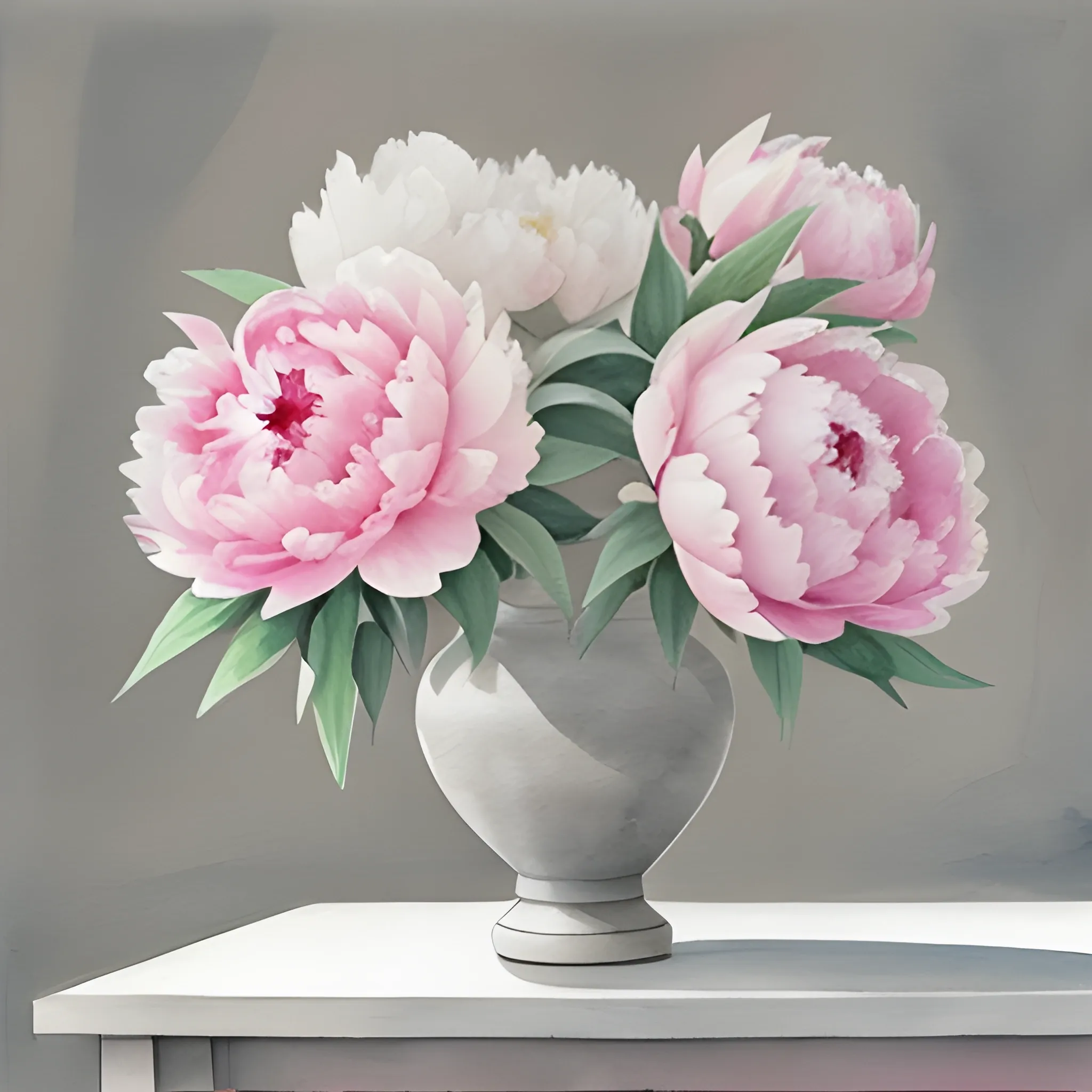 pink and white peonies in grey vase watercolor 