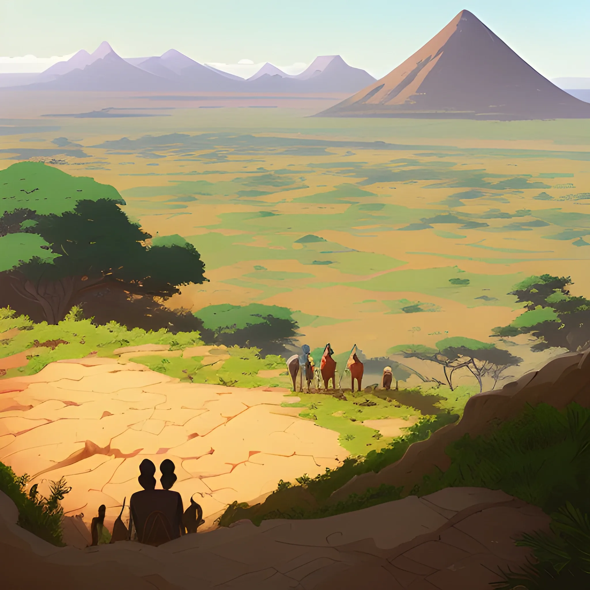 top view, african landscape, mountain with brush... in the style of makoto shinkai and greg rutkowski and albert bierstadt and james gurney, Cartoon