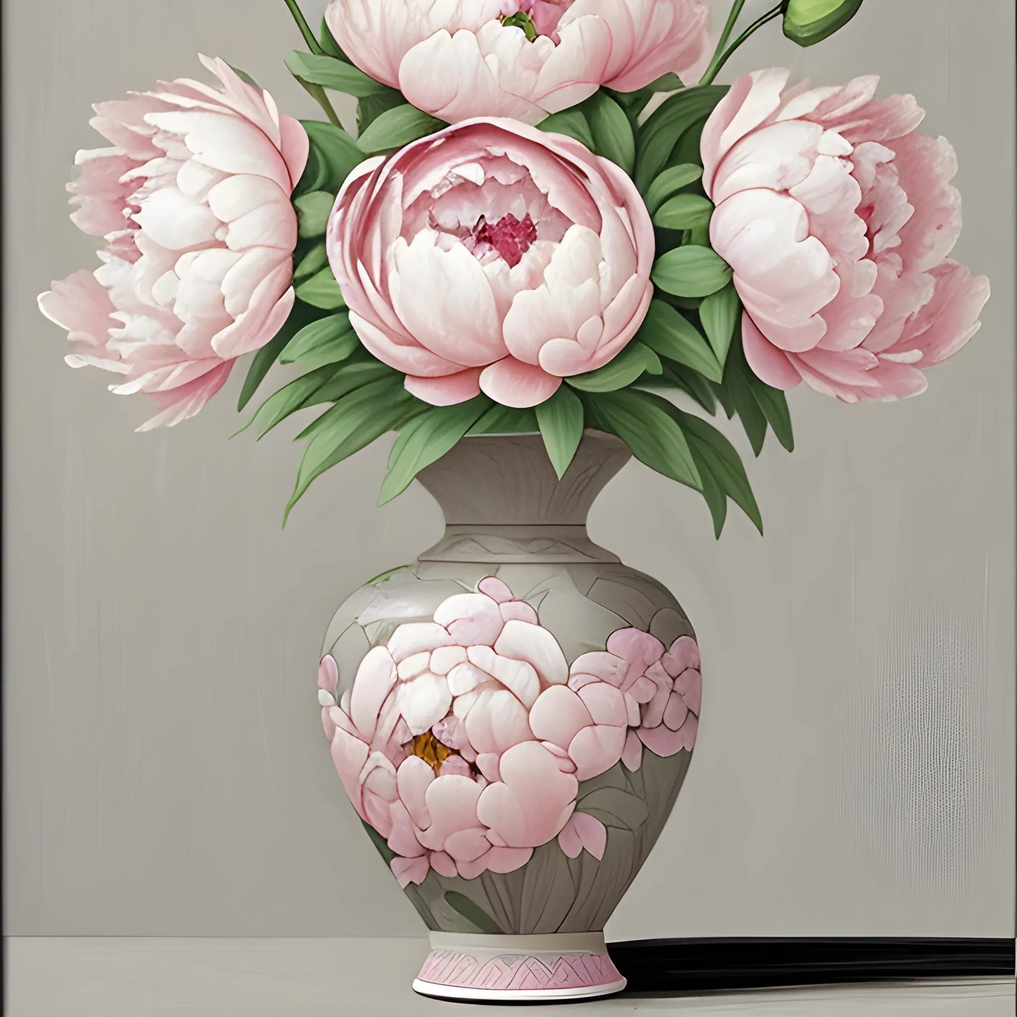 pink and white peonies in grey art nouveau vase painting