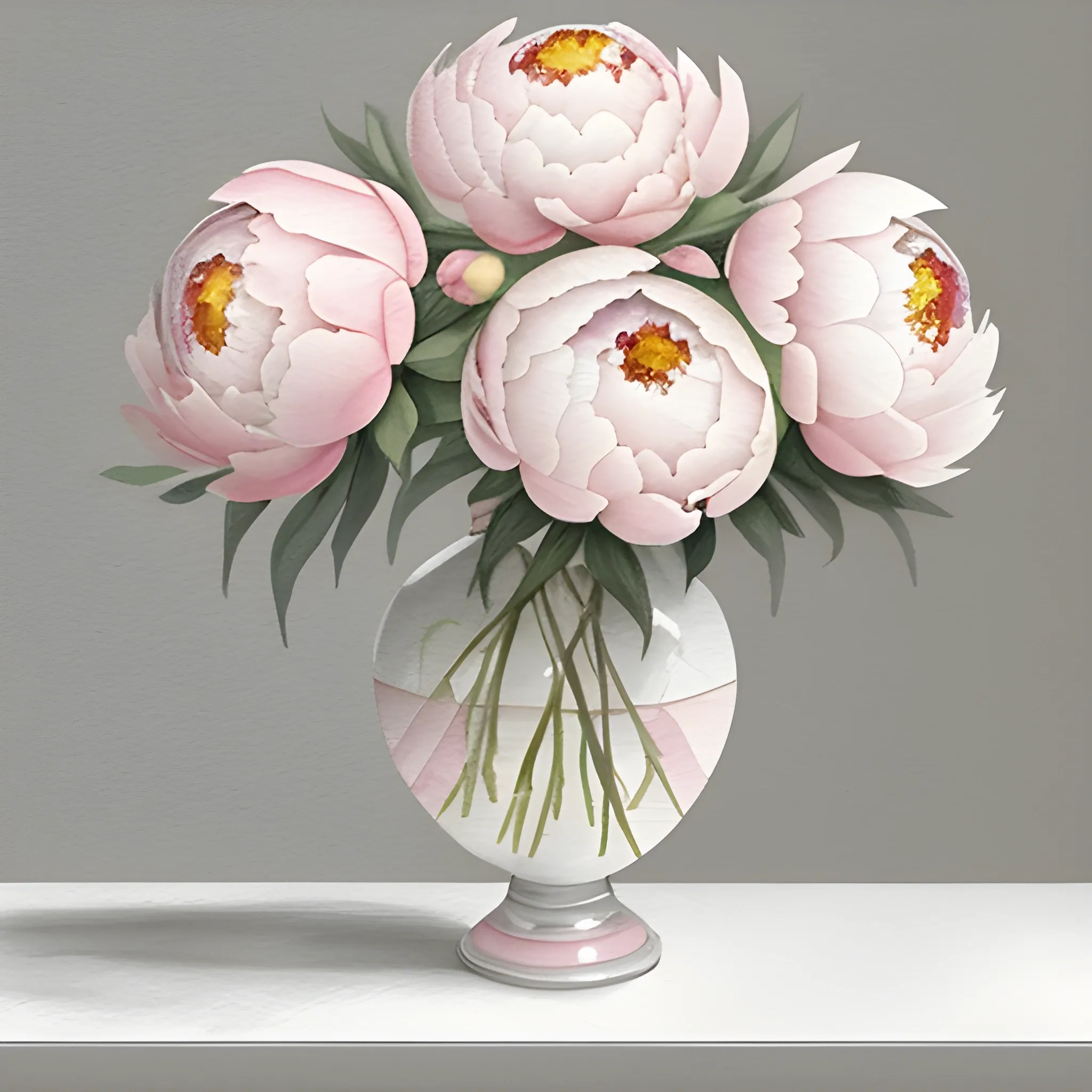 romantic pink and white peonies in grey vase watercolor