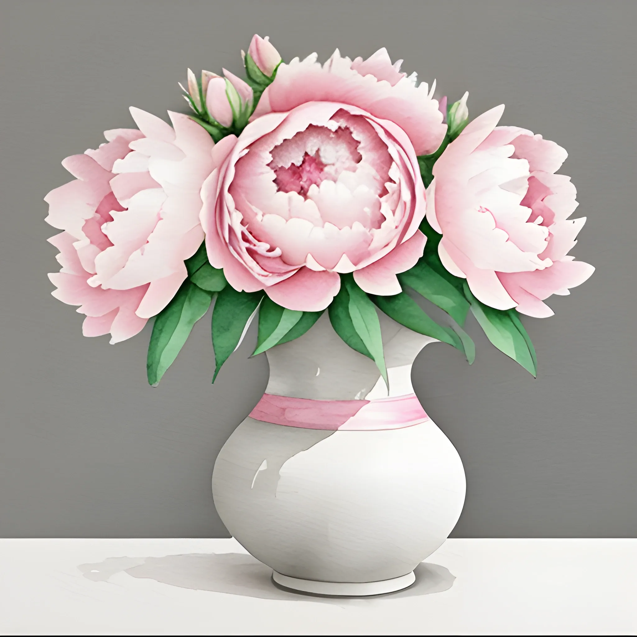 romantic pink and white peonies in grey vase watercolor diluted