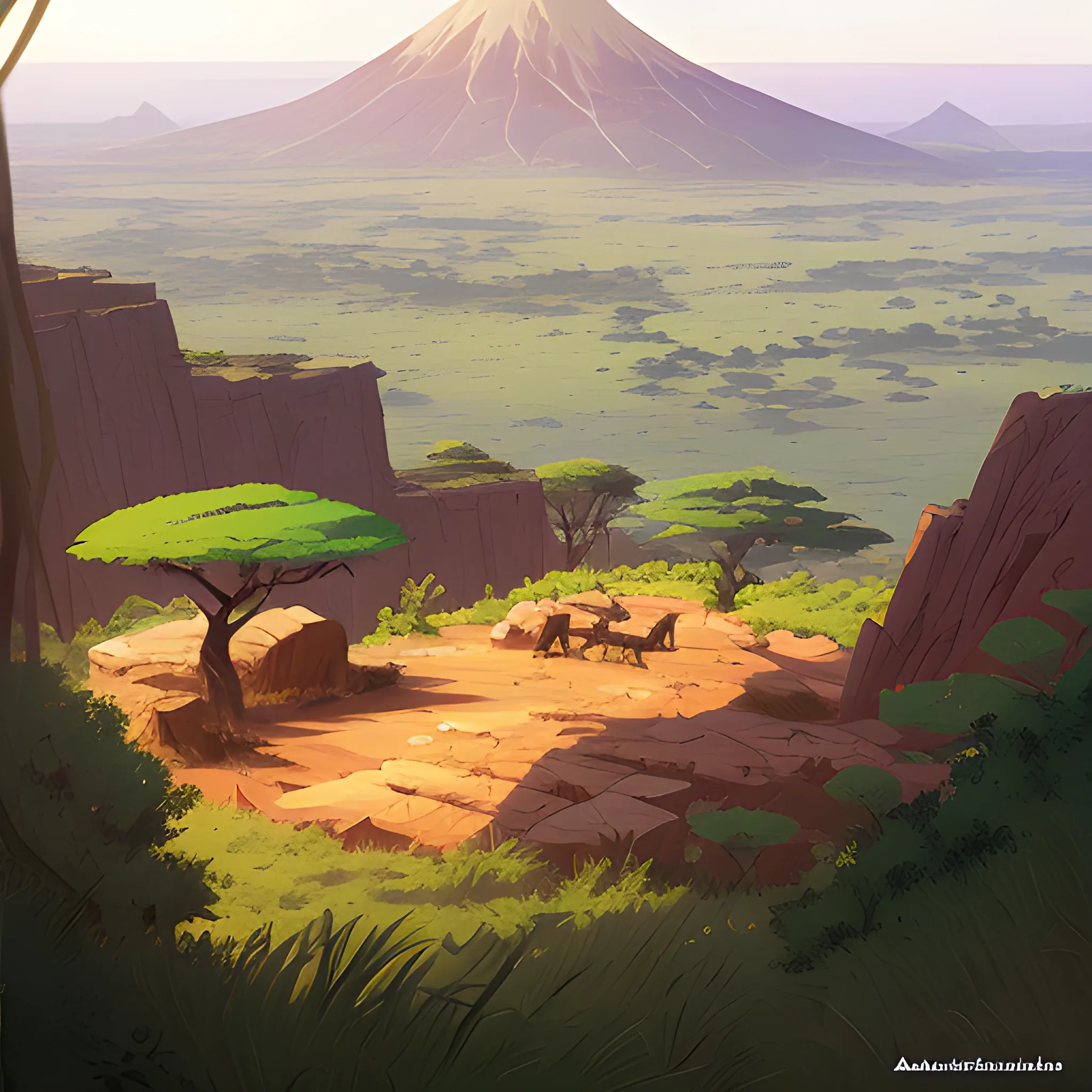 top view, african landscape, mountain with brush... in the style of makoto shinkai and greg rutkowski and albert bierstadt and james gurney, Cartoon