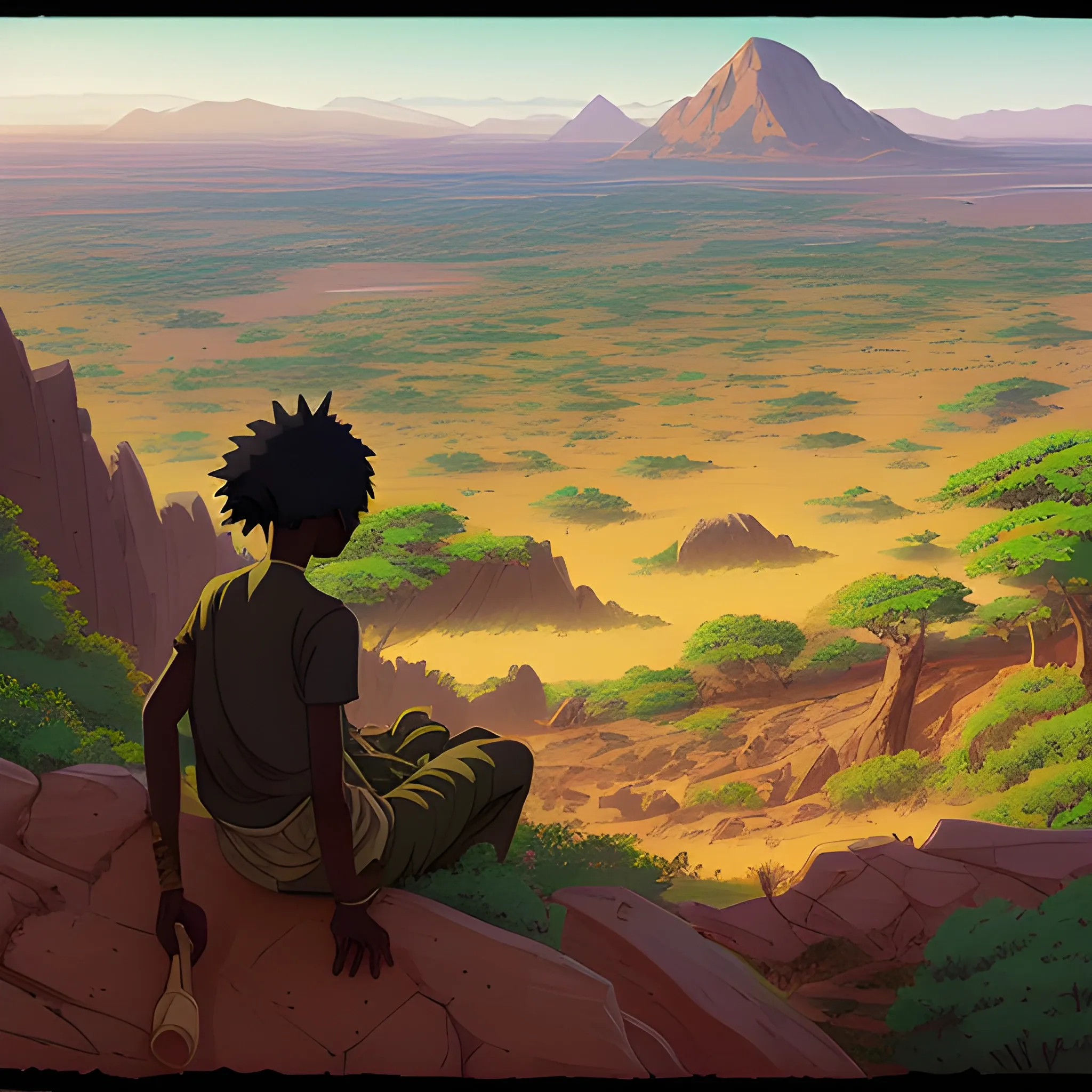 top view, african landscape, mountain with brush... in the style of makoto shinkai and greg rutkowski and albert bierstadt and james gurney, Cartoon