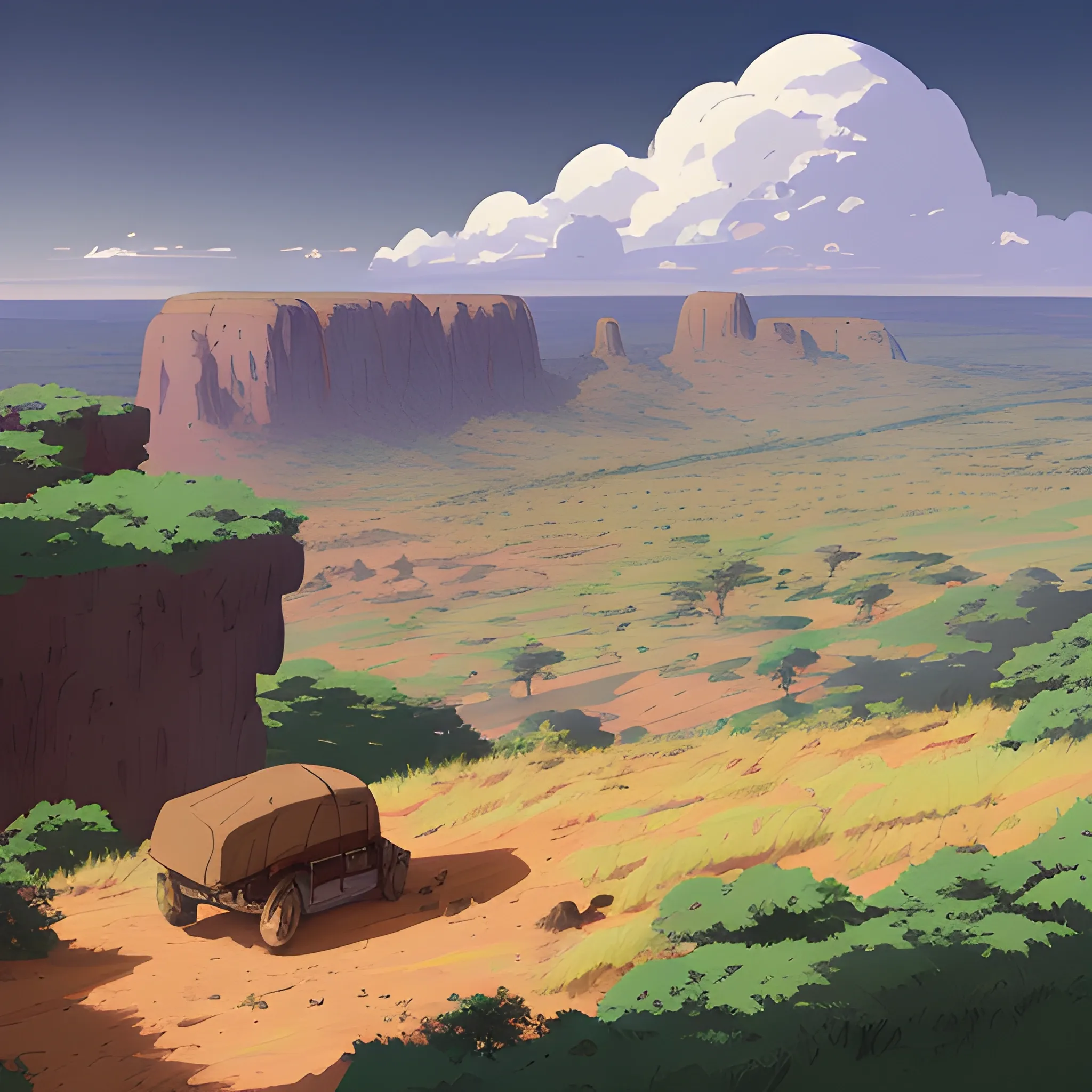 top view, african landscape, mountain with brush... in the style of makoto shinkai and greg rutkowski and albert bierstadt and james gurney, Cartoon