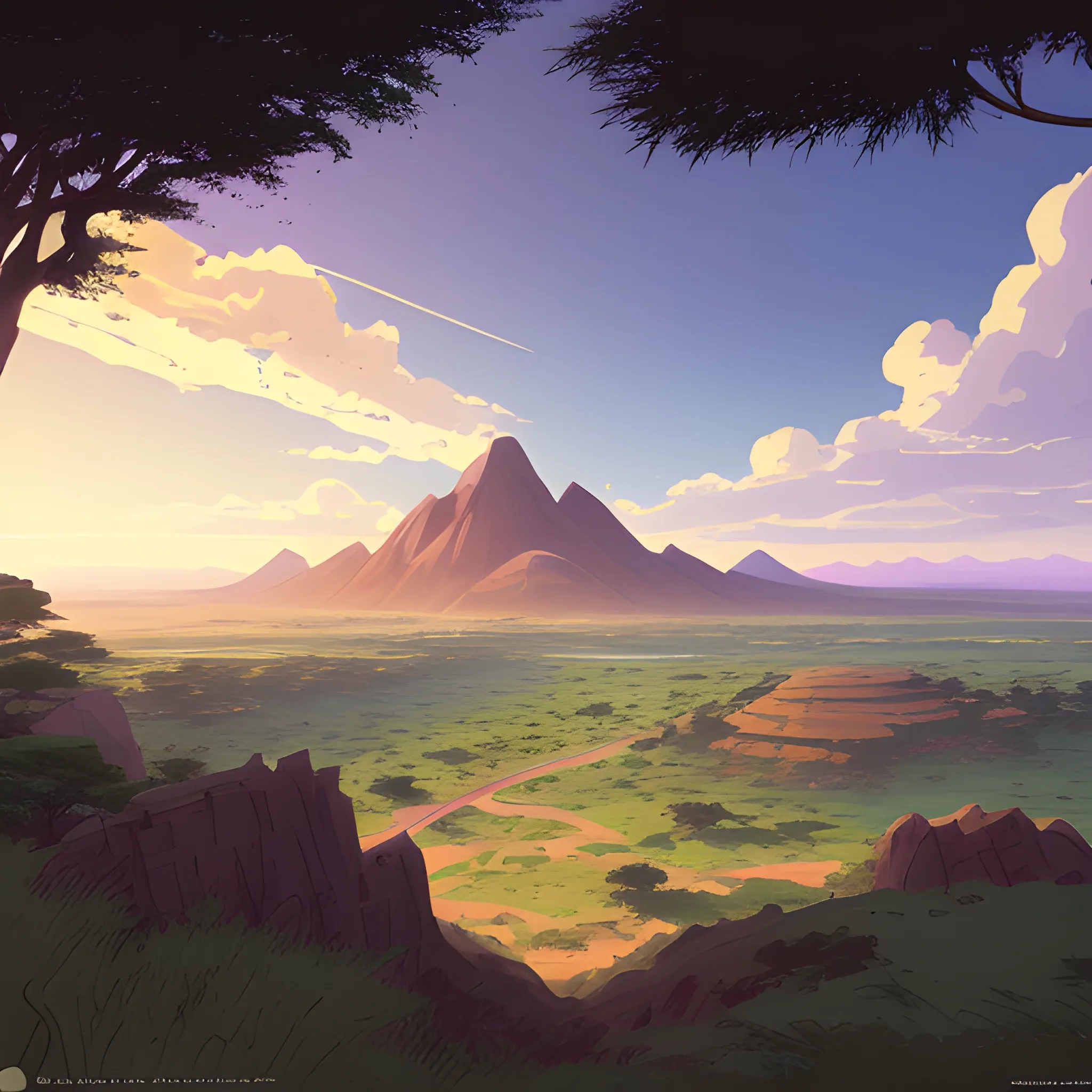 top view, african landscape, mountain with brush... in the style of makoto shinkai and greg rutkowski and albert bierstadt and james gurney, Cartoon