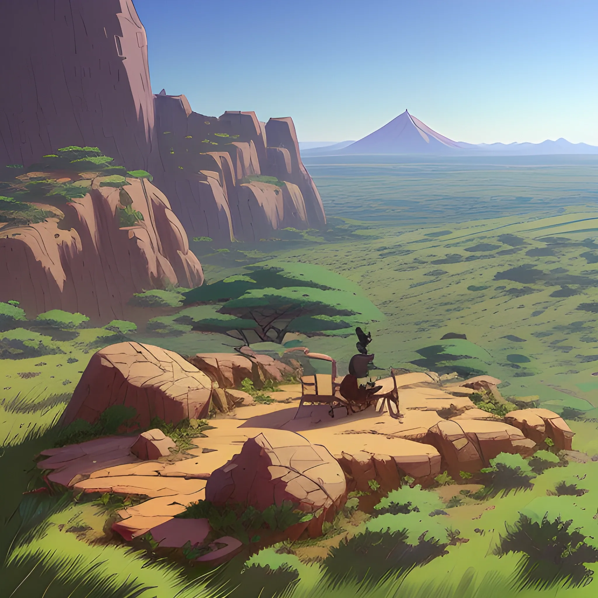 top view, african landscape, mountain with brush... in the style of makoto shinkai and greg rutkowski and albert bierstadt and james gurney, Cartoon