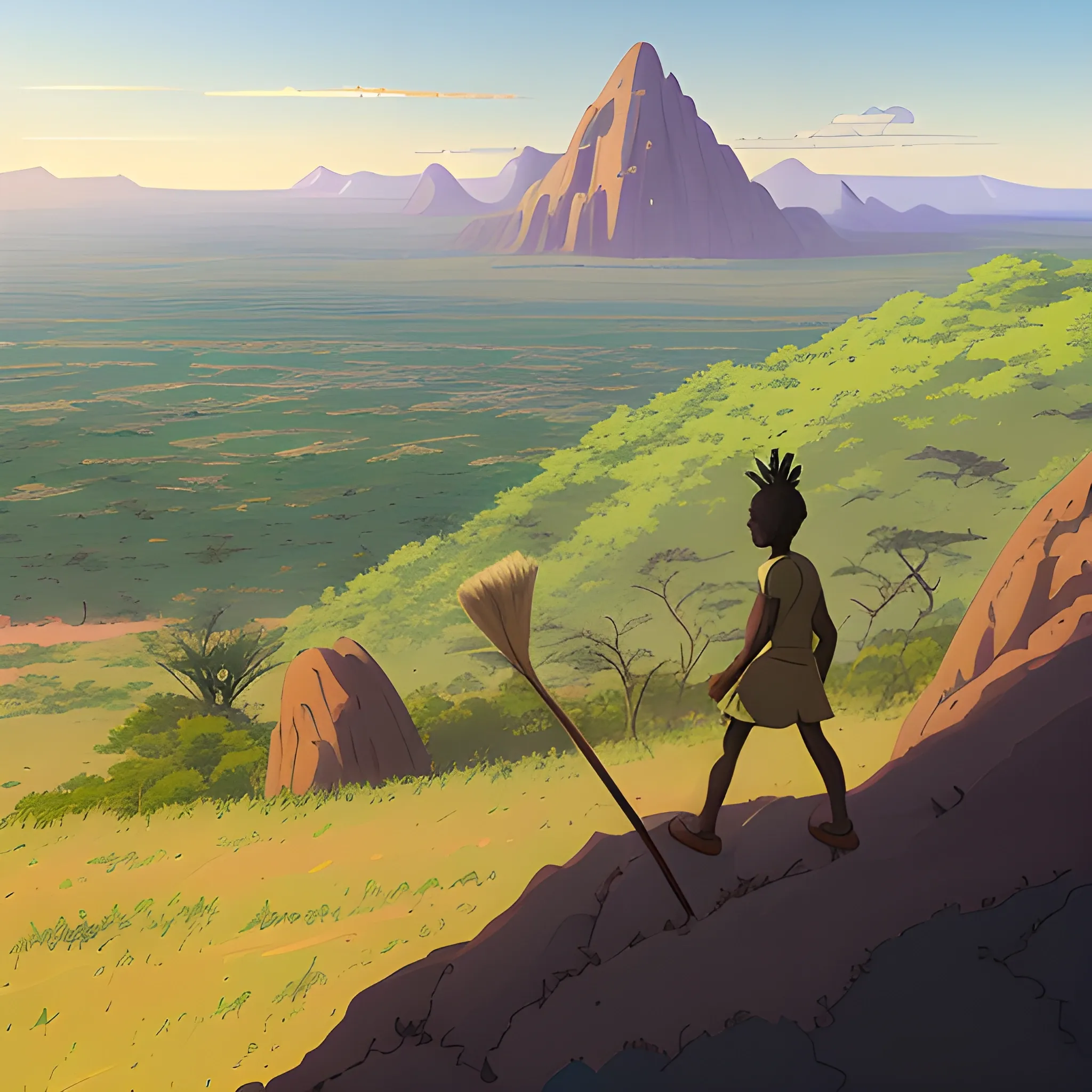 top view, african landscape, mountain with brush... in the style of makoto shinkai and greg rutkowski and albert bierstadt and james gurney, Cartoon