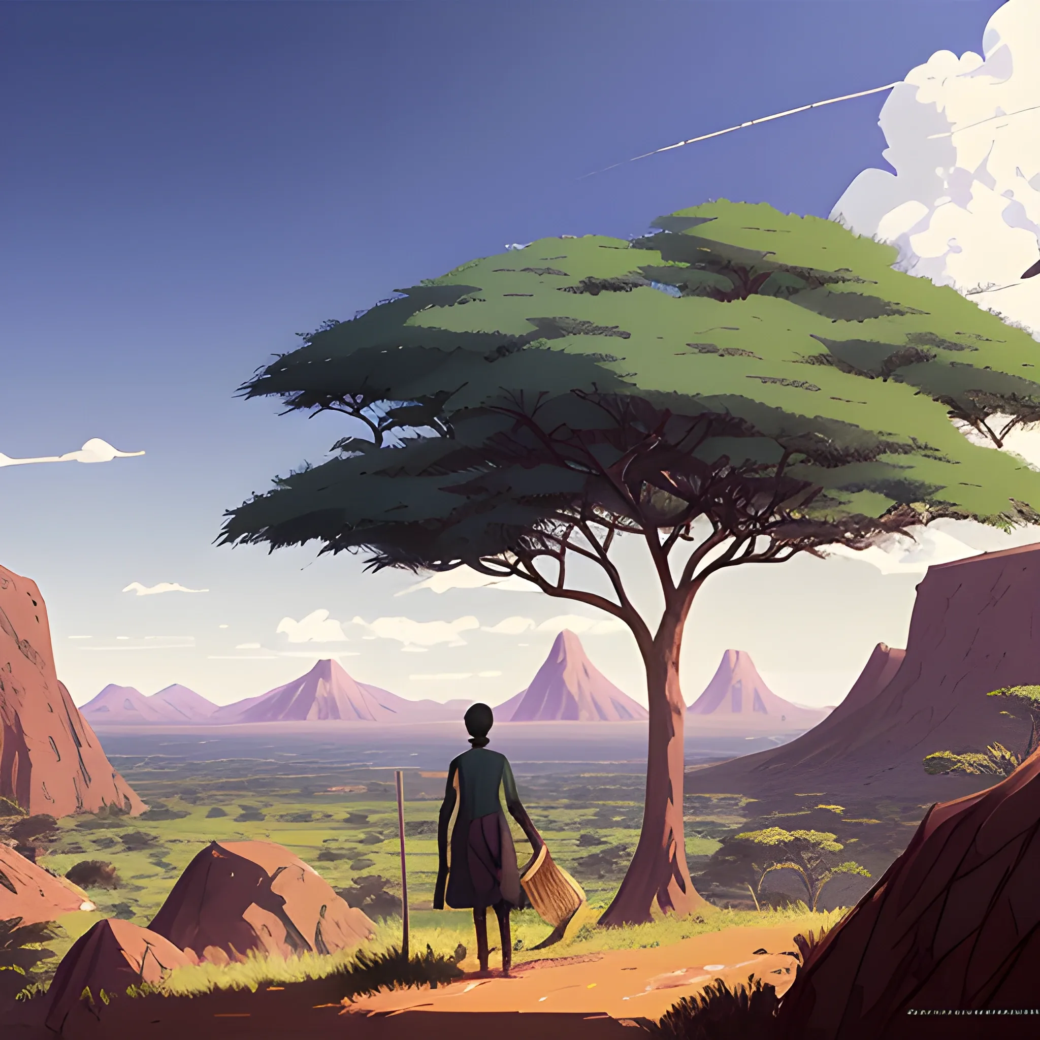 law view, african landscape, mountain with brush... in the style of makoto shinkai and greg rutkowski and albert bierstadt and james gurney, Cartoon