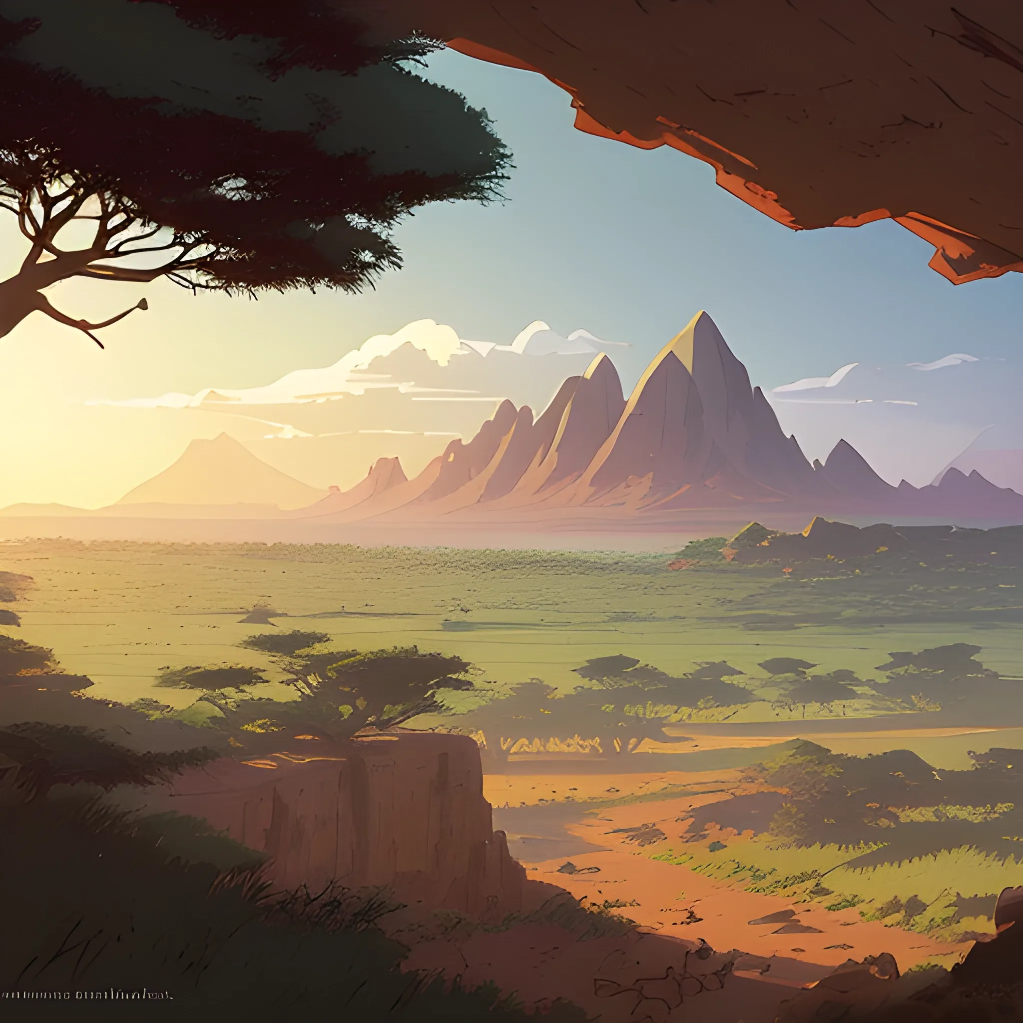 top view, african landscape, mountain with brush... in the style of makoto shinkai and greg rutkowski and albert bierstadt and james gurney, Cartoon