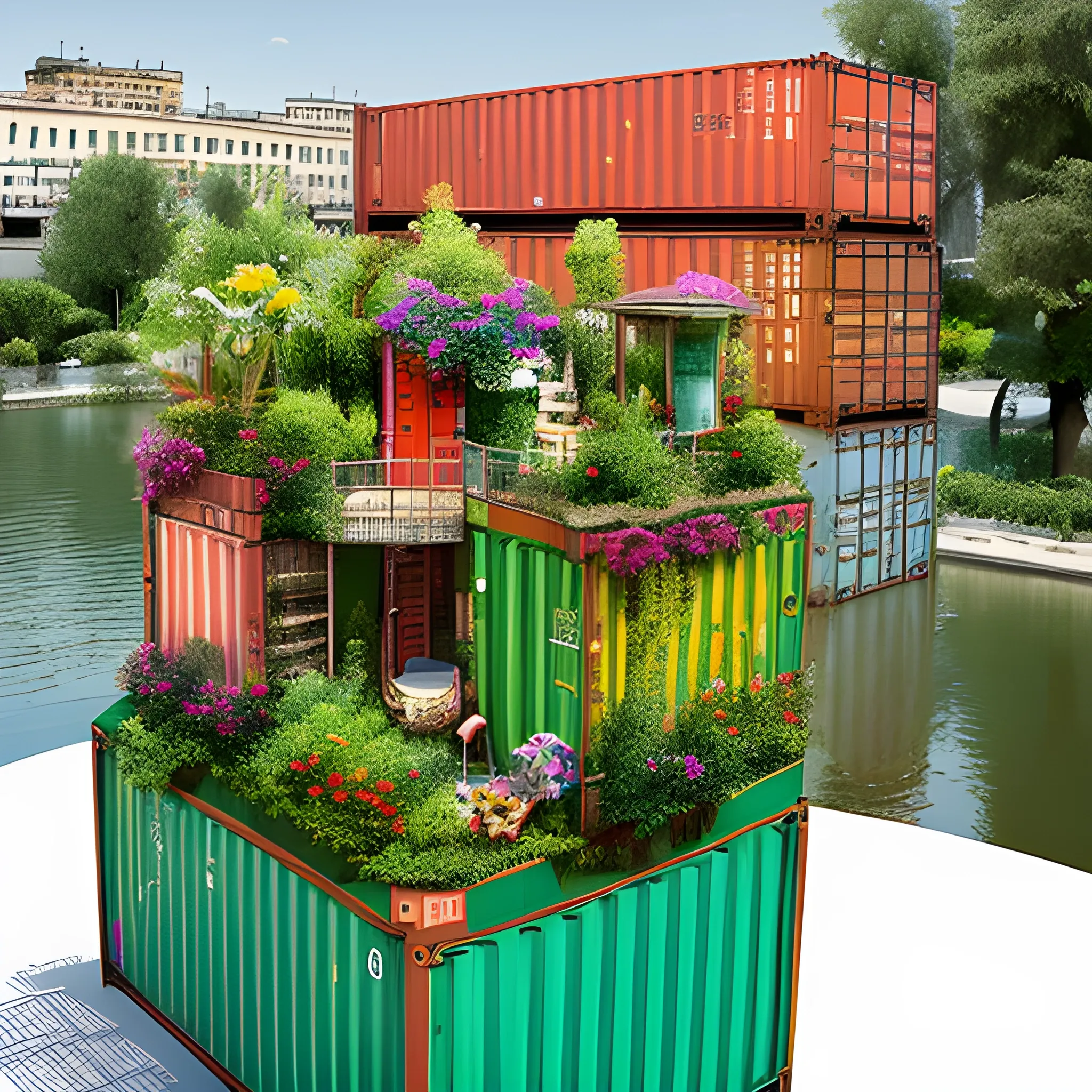 la mappa di una città di containers dipinti  in mezzo a un parco di piante e fiori  attarversata da un fiume