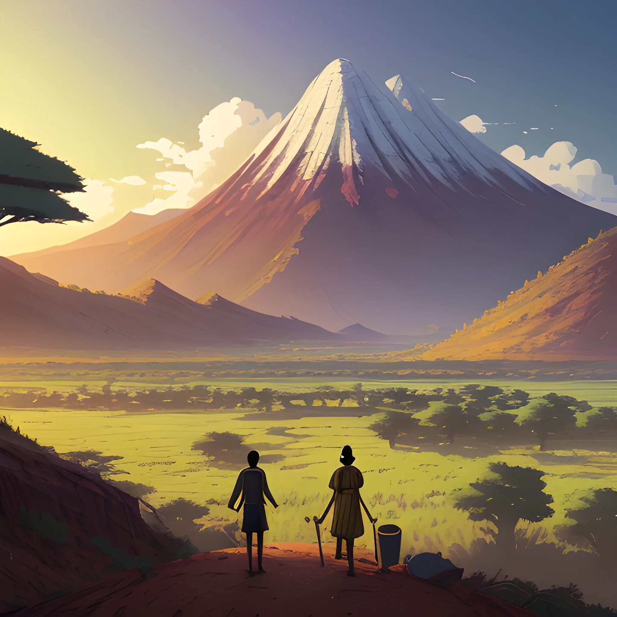 law view, african landscape, mountain with brush... in the style of makoto shinkai and greg rutkowski and albert bierstadt and james gurney, Cartoon