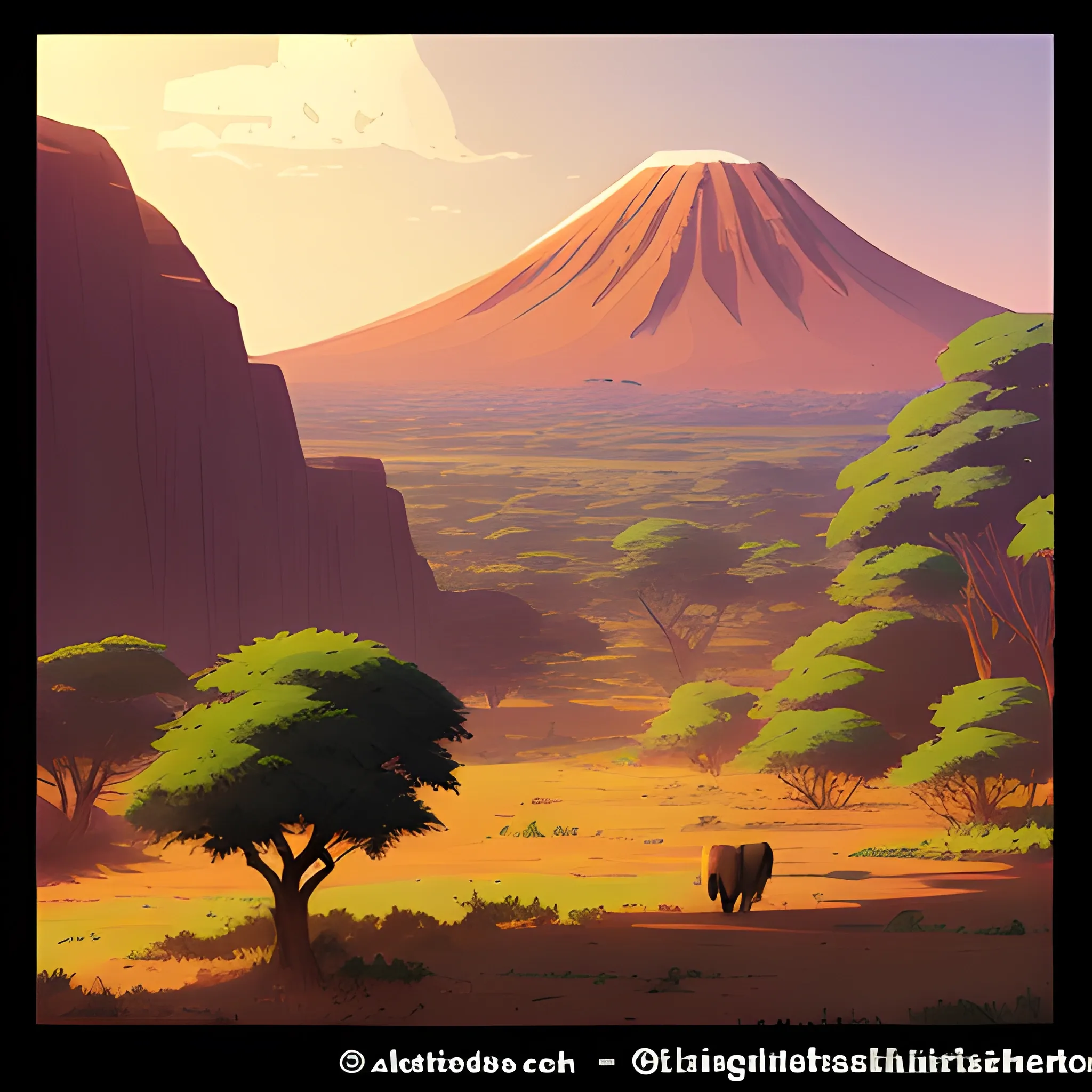 african landscape, mountain with brush... in the style of makoto shinkai and greg rutkowski and albert bierstadt and james gurney, Cartoon