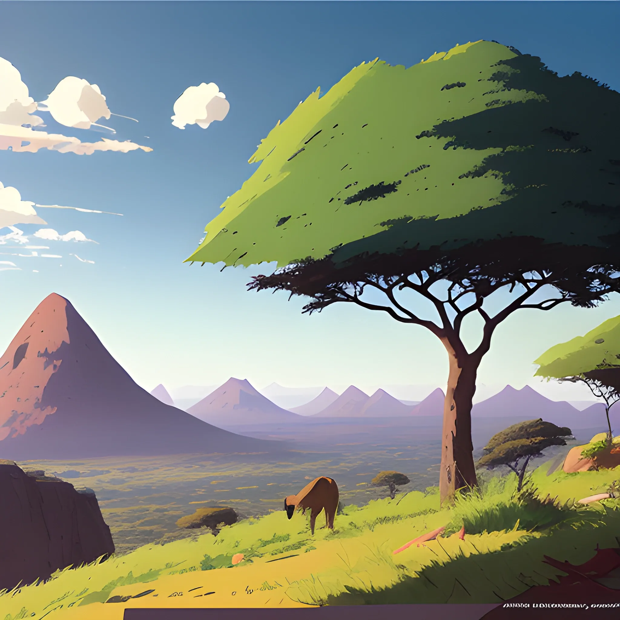 african landscape, mountain with brush... in the style of makoto shinkai and greg rutkowski and albert bierstadt and james gurney, Cartoon