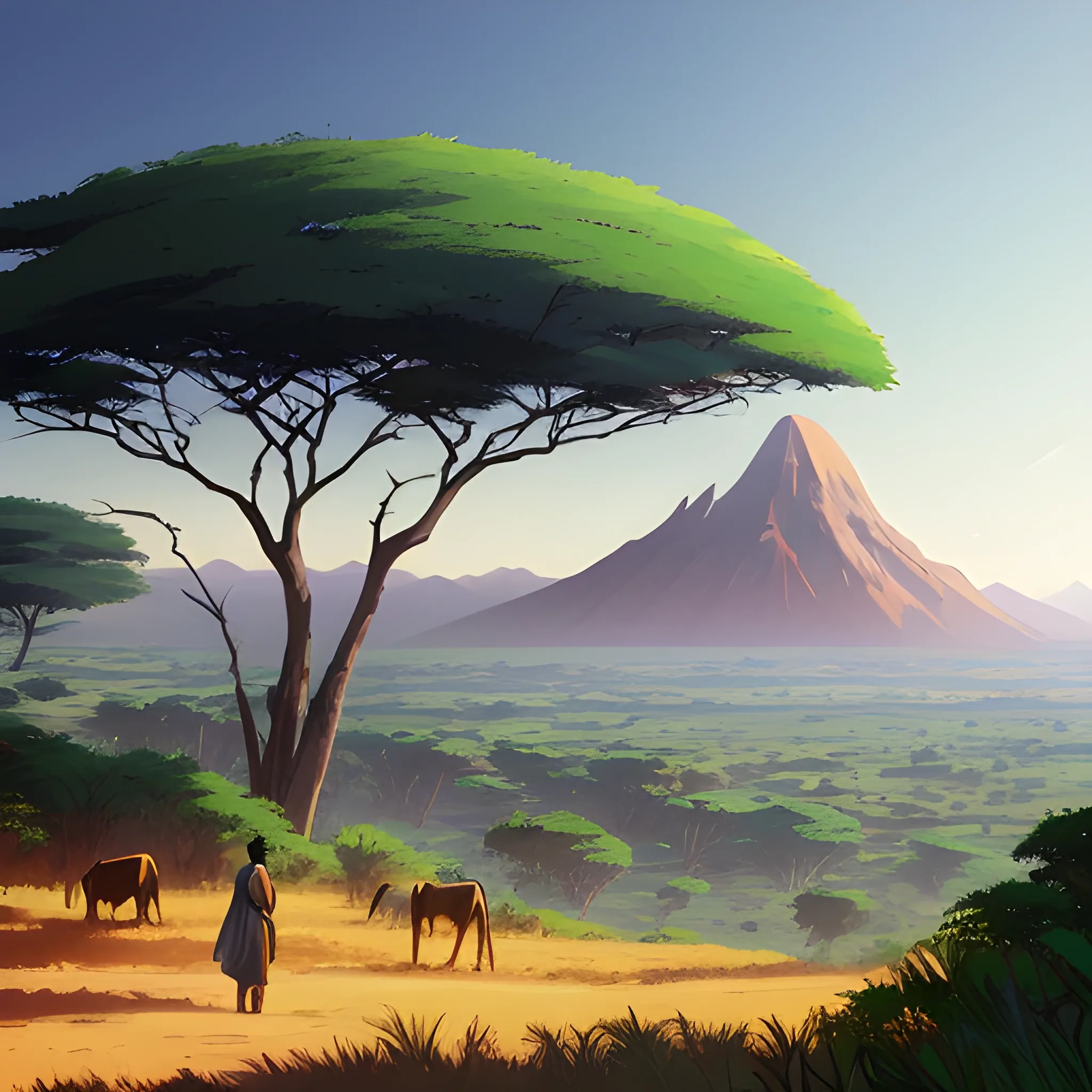 african landscape, mountain with brush... in the style of makoto shinkai and greg rutkowski and albert bierstadt and james gurney, Cartoon